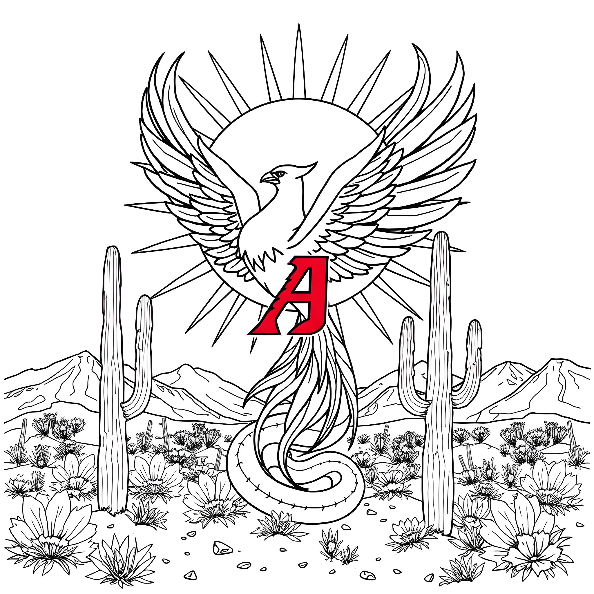 Phoenix rising amidst the desert landscape Coloring Page (free black-and-white line drawing printable PDF for all, from beginners to advanced learners, including children, teens, adults, and seniors)