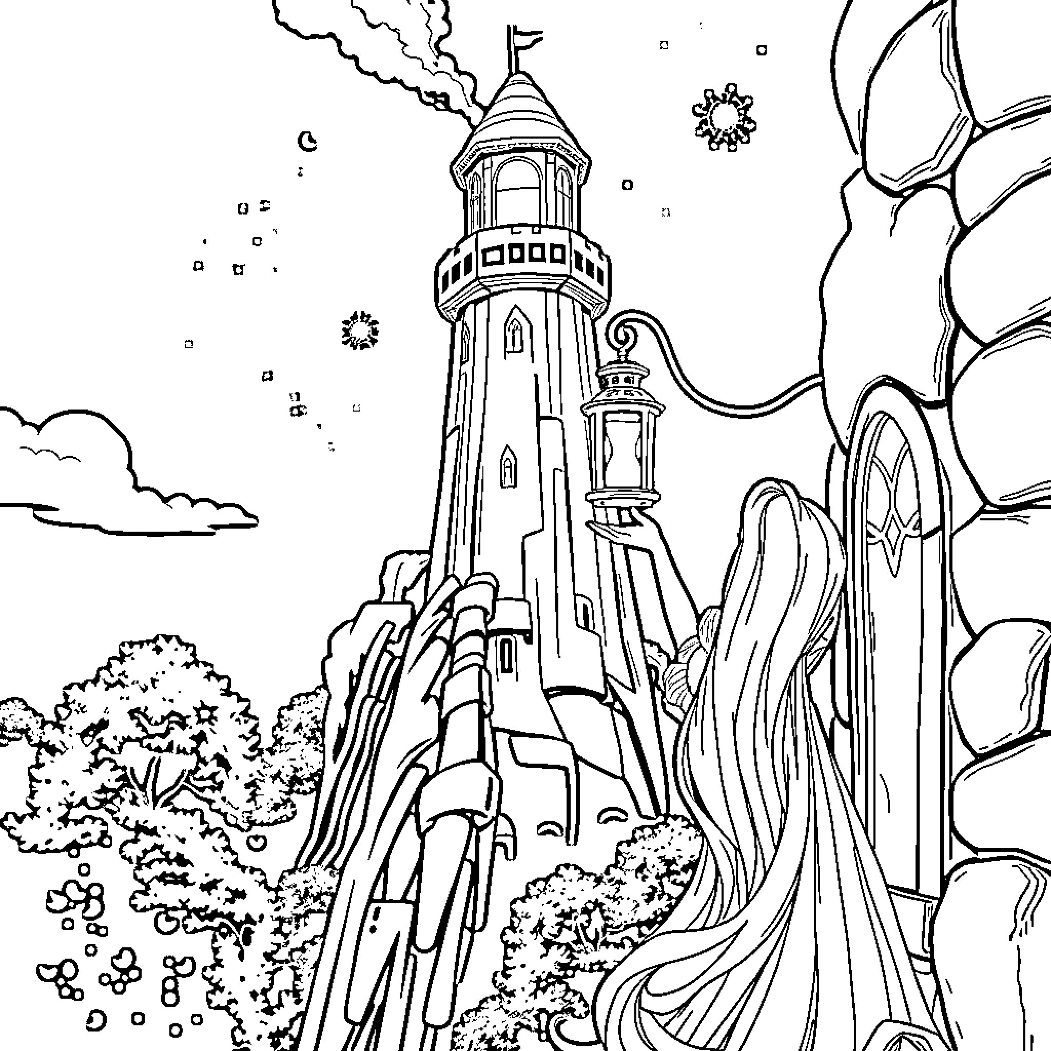 Rapunzel's Enchanted Castle with Flowing Greenery Coloring Page (free black-and-white line drawing printable PDF for all, from beginners to advanced learners, including children, teens, adults, and seniors)