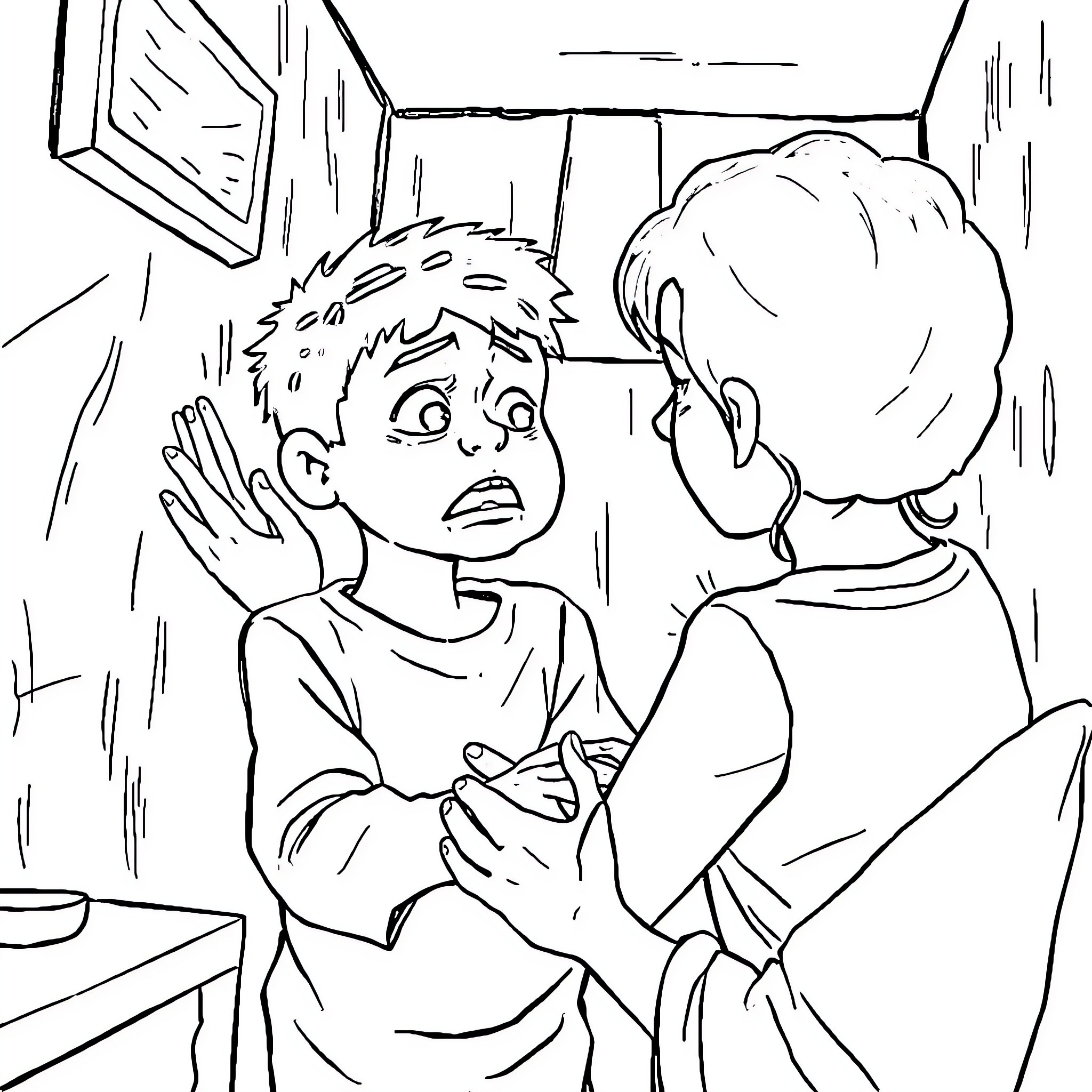 Boy receiving comforting embrace from another child Coloring Page (free black-and-white line drawing printable PDF for all, from beginners to advanced learners, including children, teens, adults, and seniors)