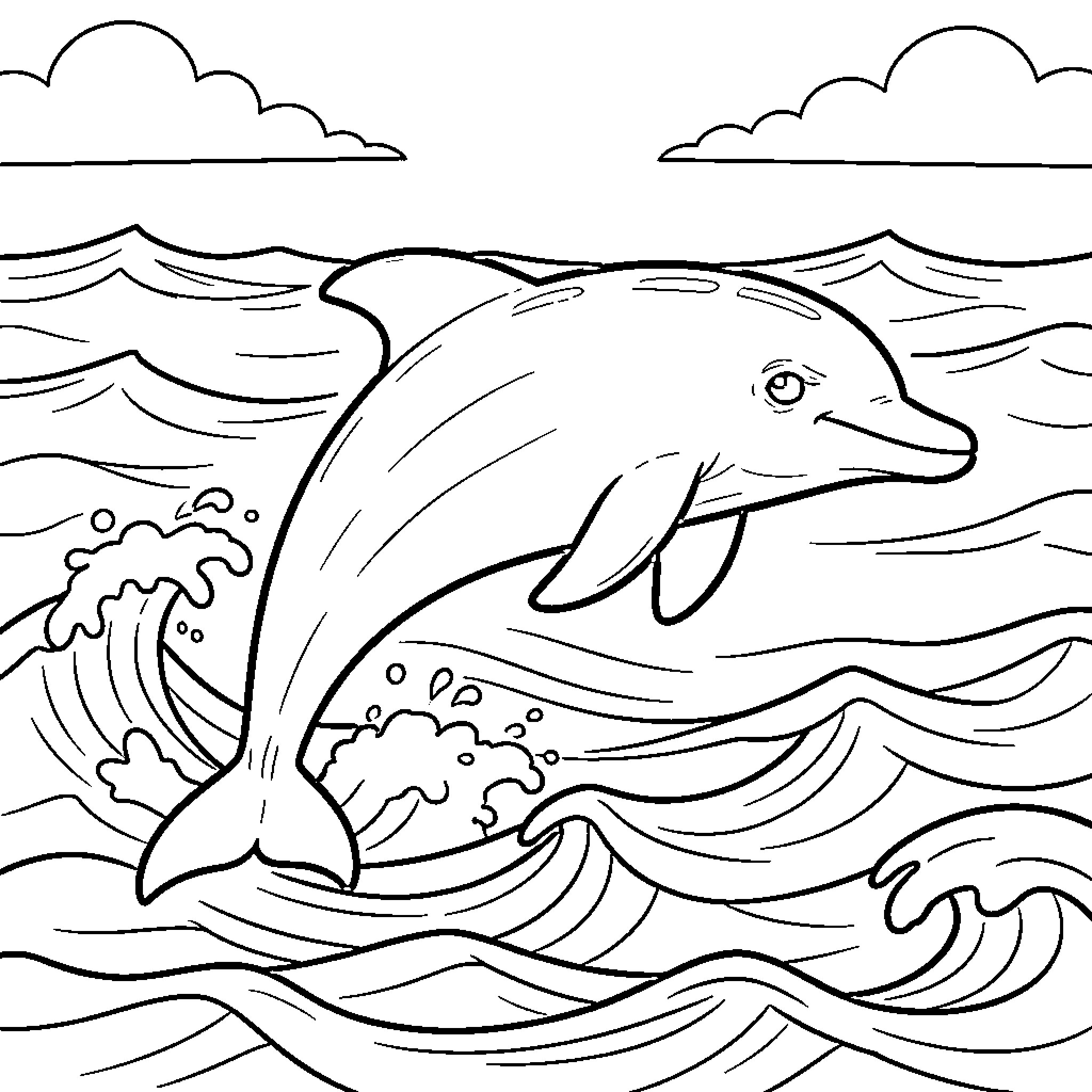 Dolphin jumping joyfully through ocean waves Coloring Page (free black-and-white line drawing printable PDF for all, from beginners to advanced learners, including children, teens, adults, and seniors)