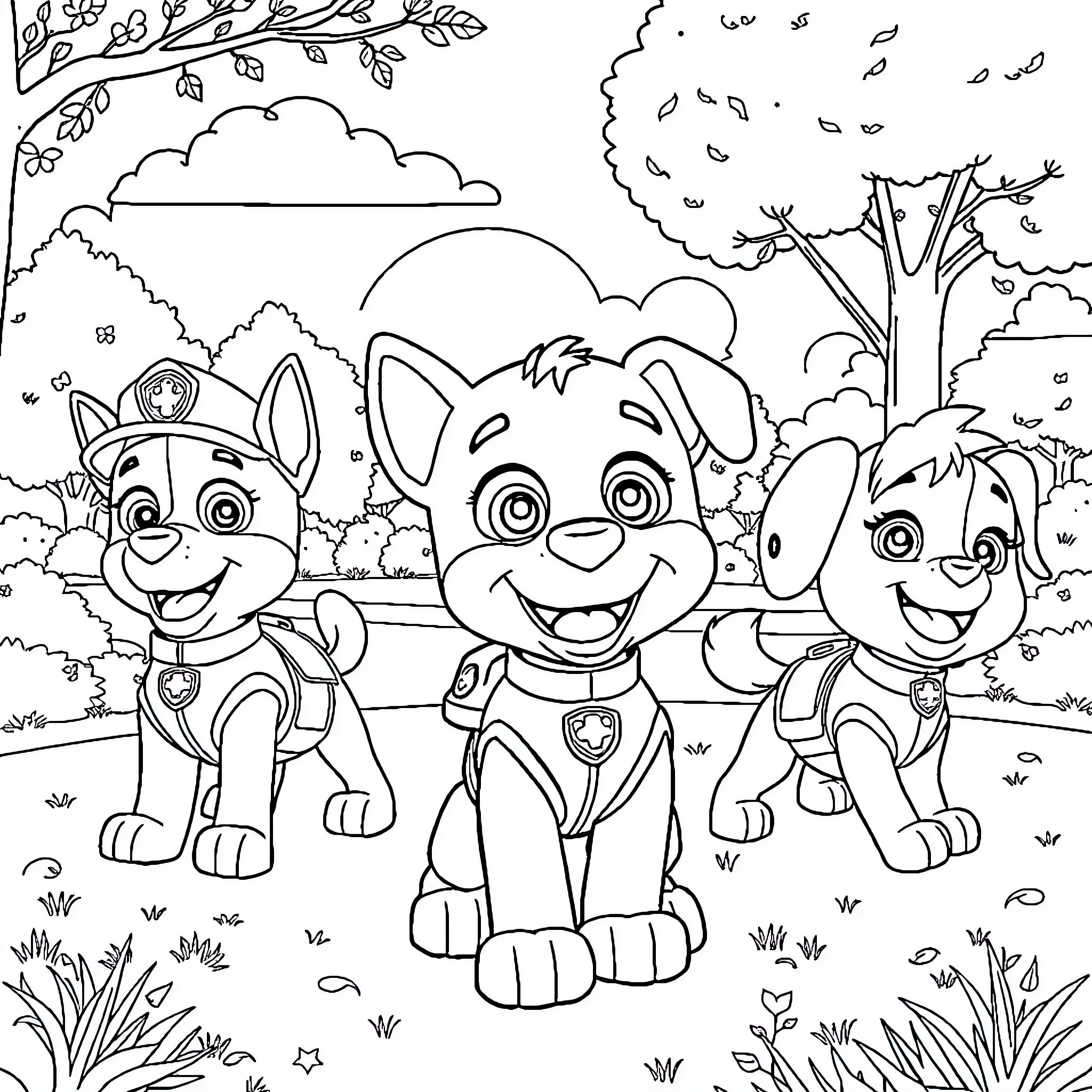 Bluey and Paw Patrol characters playing outdoors Coloring Page (free black-and-white line drawing printable PDF for all, from beginners to advanced learners, including children, teens, adults, and seniors)