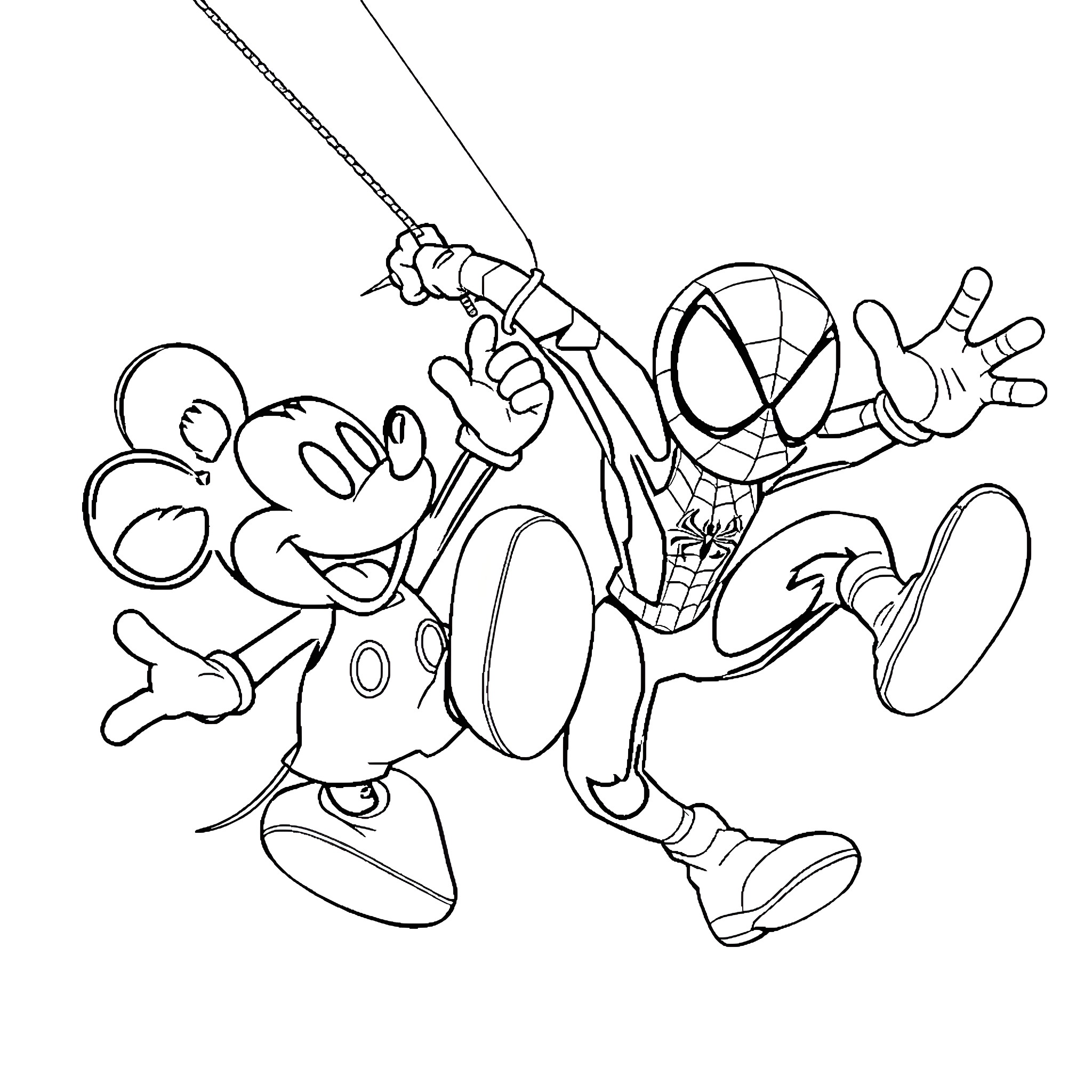 Spiderman playing happily with Mickey Mouse Coloring Page (free black-and-white line drawing printable PDF for all, from beginners to advanced learners, including children, teens, adults, and seniors)