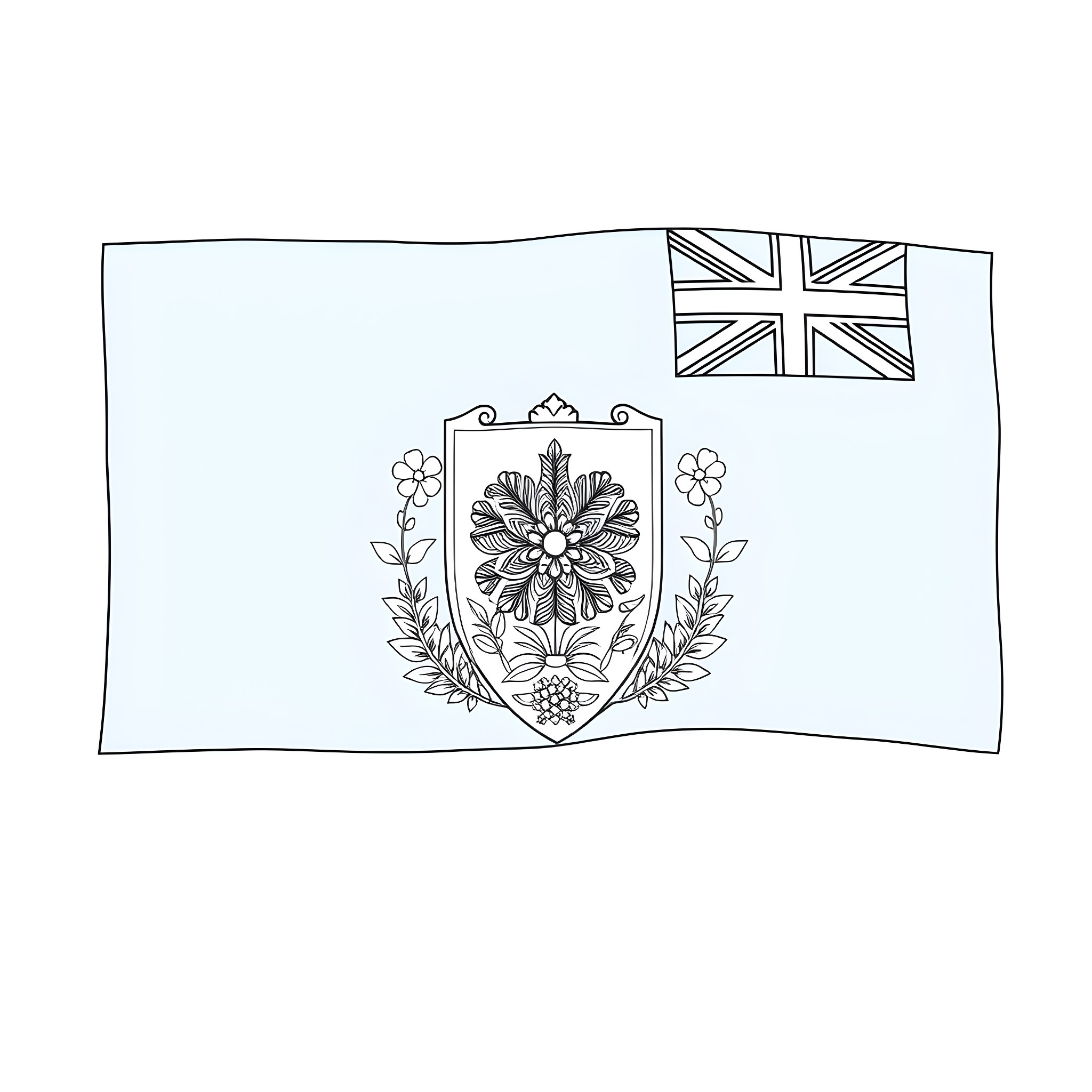 Fiji Flag with ornate shield and floral design Coloring Page (free black-and-white line drawing printable PDF for all, from beginners to advanced learners, including children, teens, adults, and seniors)