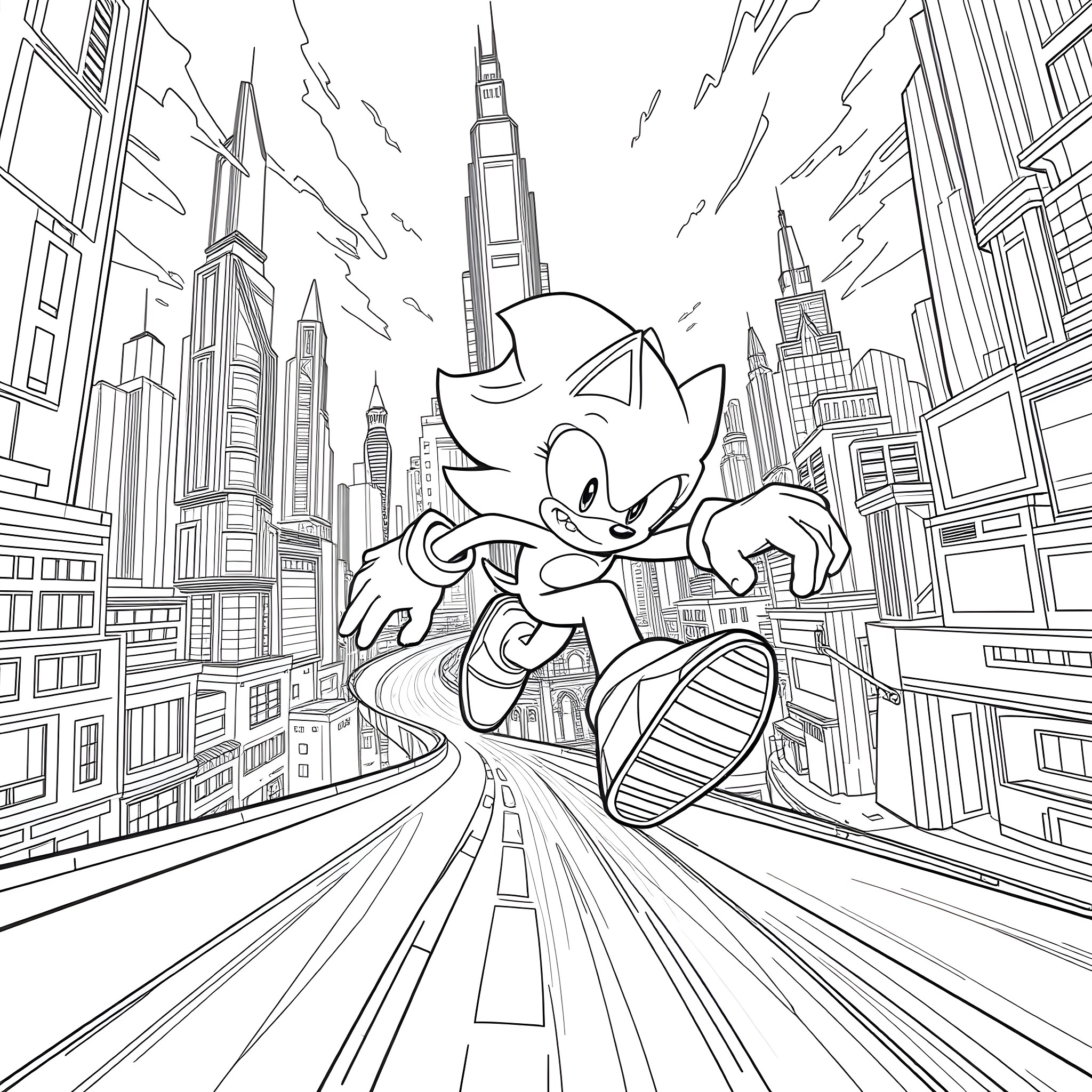 Sonic Eyx dashing through the futuristic city Coloring Page (free black-and-white line drawing printable PDF for all, from beginners to advanced learners, including children, teens, adults, and seniors)