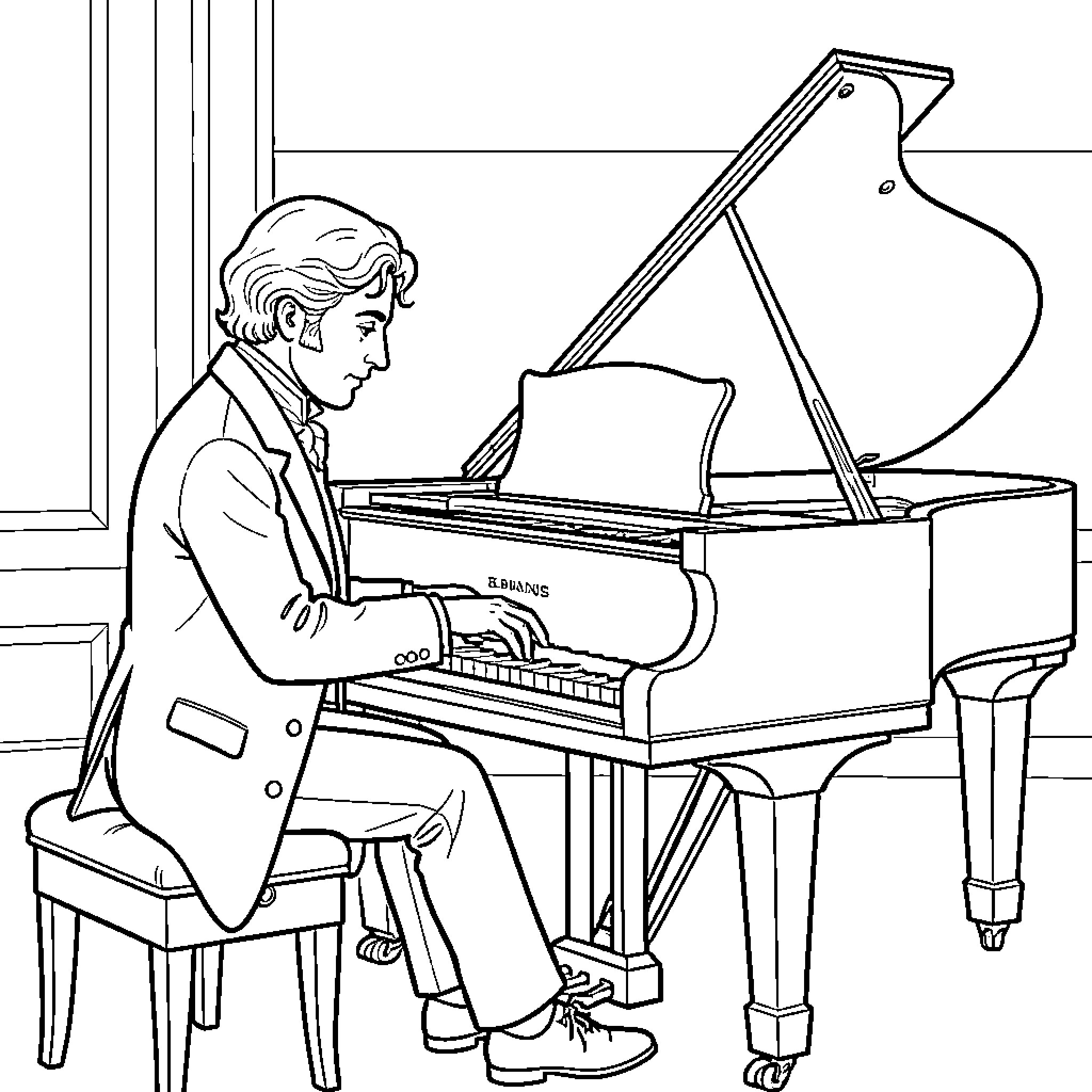 Frederic Chopin playing piano in a room Coloring Page (free black-and-white line drawing printable PDF for all, from beginners to advanced learners, including children, teens, adults, and seniors)