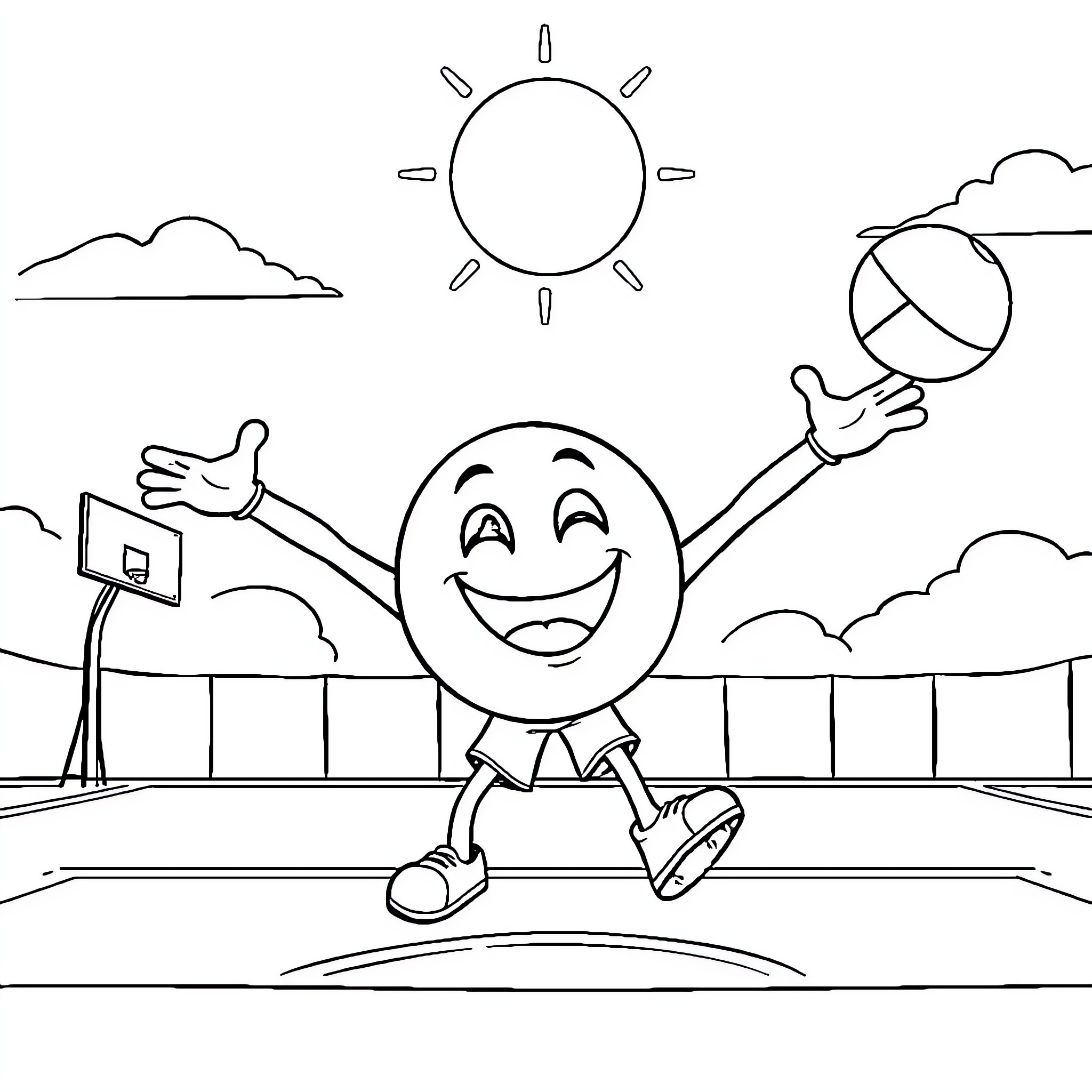 Emoji playing basketball on outdoor court Coloring Page (free black-and-white line drawing printable PDF for all, from beginners to advanced learners, including children, teens, adults, and seniors)