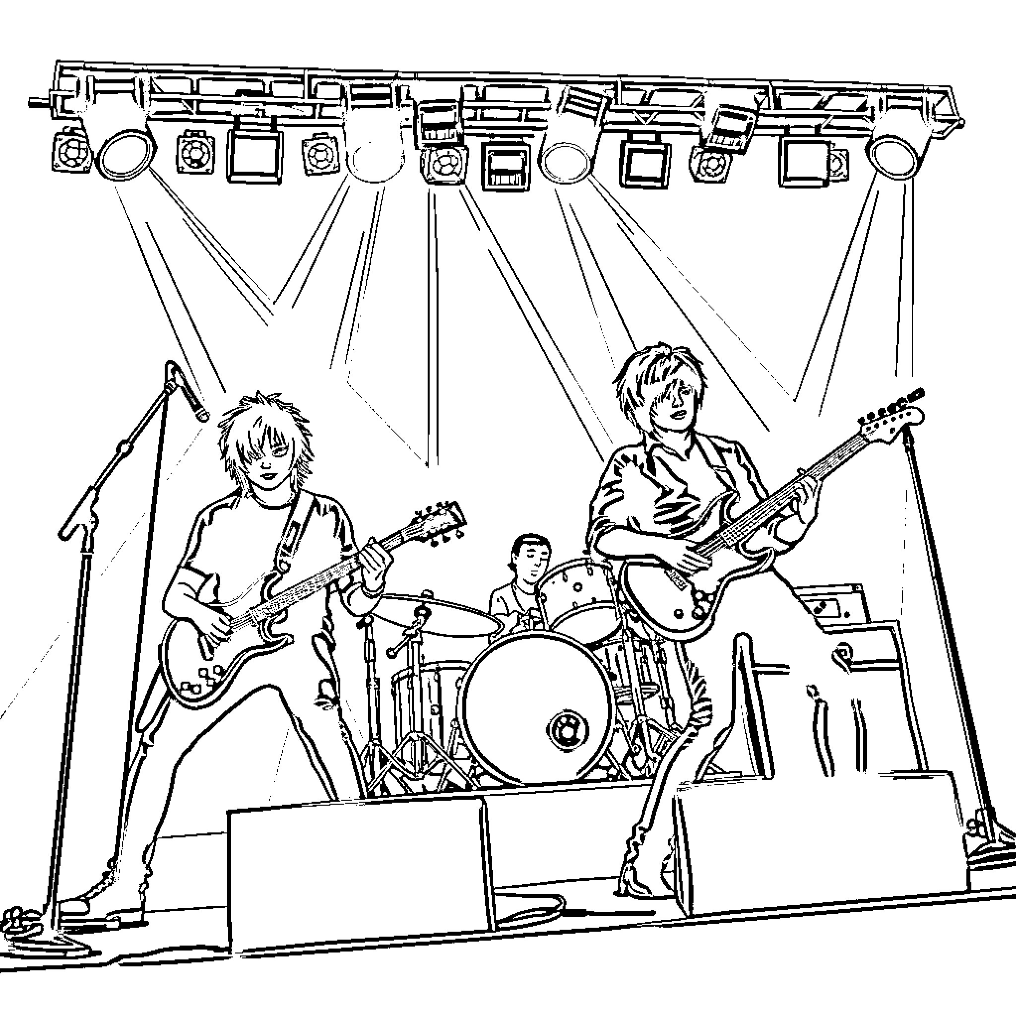 My Chemical Romance Performing Energetically on Stage Coloring Page (free black-and-white line drawing printable PDF for all, from beginners to advanced learners, including children, teens, adults, and seniors)