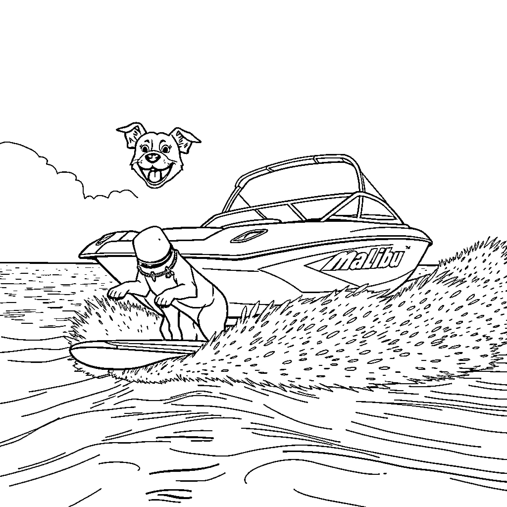 Dog Riding Jet Ski on Coastal Waters Coloring Page (free black-and-white line drawing printable PDF for all, from beginners to advanced learners, including children, teens, adults, and seniors)