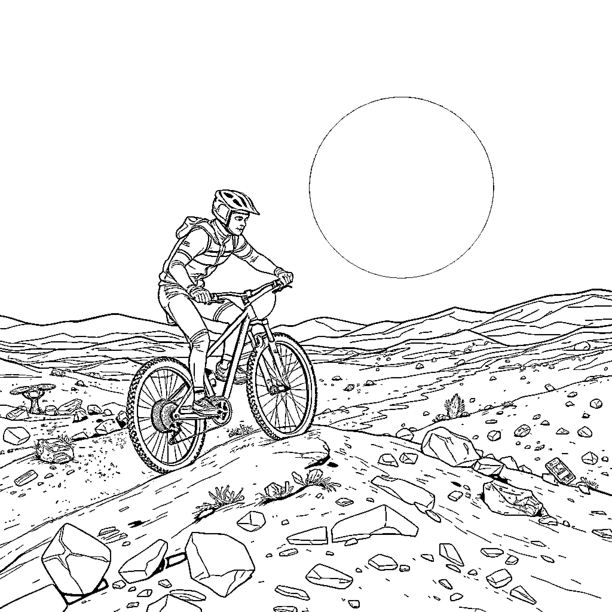 Mountain Biker Navigating Rugged Terrain Coloring Page (free black-and-white line drawing printable PDF for all, from beginners to advanced learners, including children, teens, adults, and seniors)