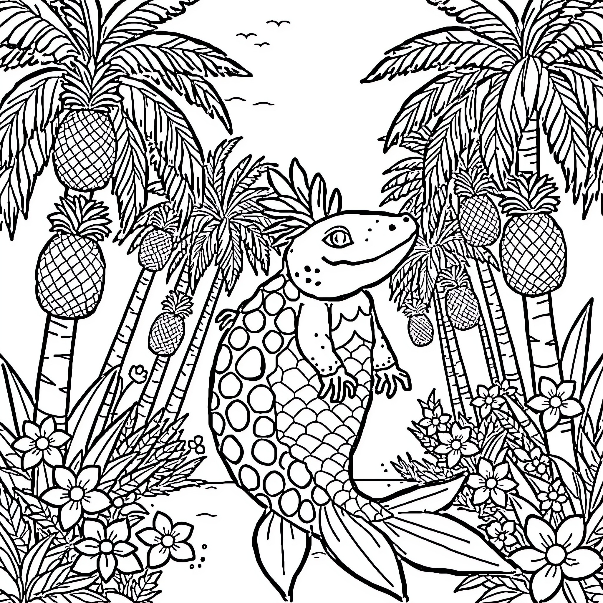 Axolotl exploring a tropical jungle scene Coloring Page (free black-and-white line drawing printable PDF for all, from beginners to advanced learners, including children, teens, adults, and seniors)