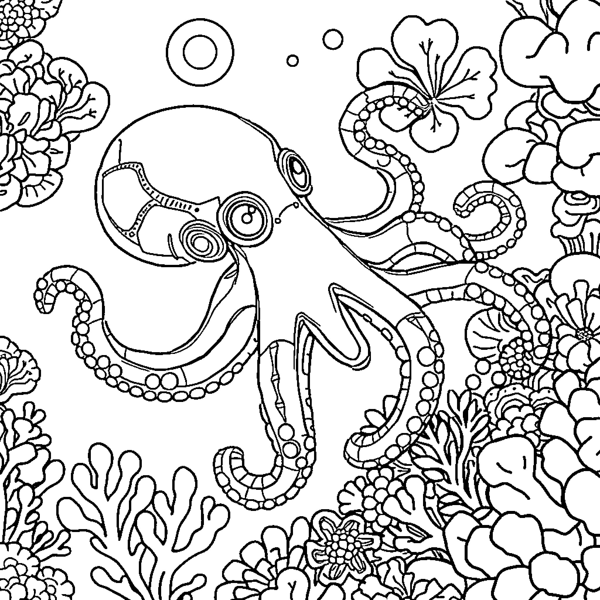 Robot Octopus Surrounded by Whimsical Underwater Scenery Coloring Page (free black-and-white line drawing printable PDF for all, from beginners to advanced learners, including children, teens, adults, and seniors)