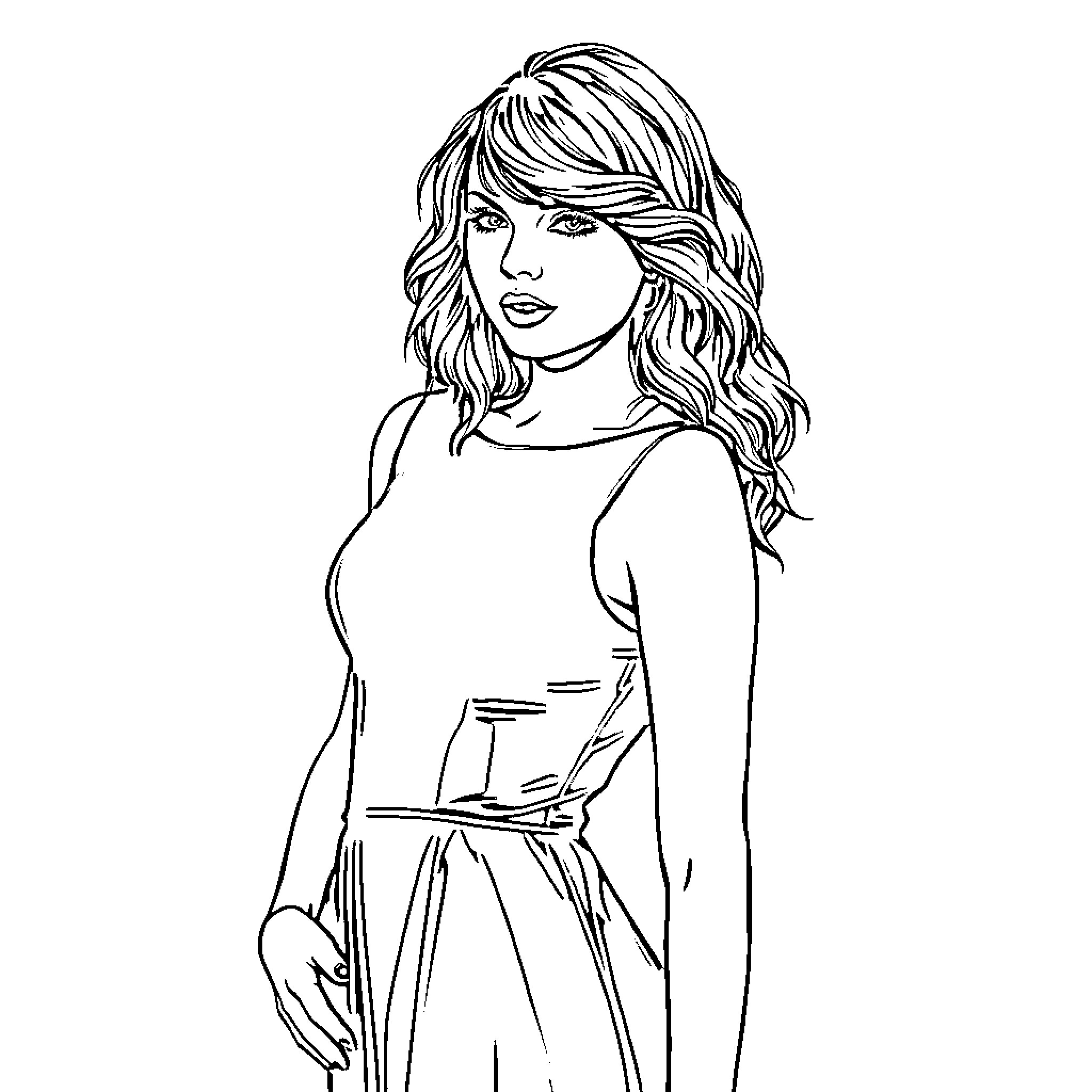 Taylor Swift posing in a casual outfit Coloring Page (free black-and-white line drawing printable PDF for all, from beginners to advanced learners, including children, teens, adults, and seniors)