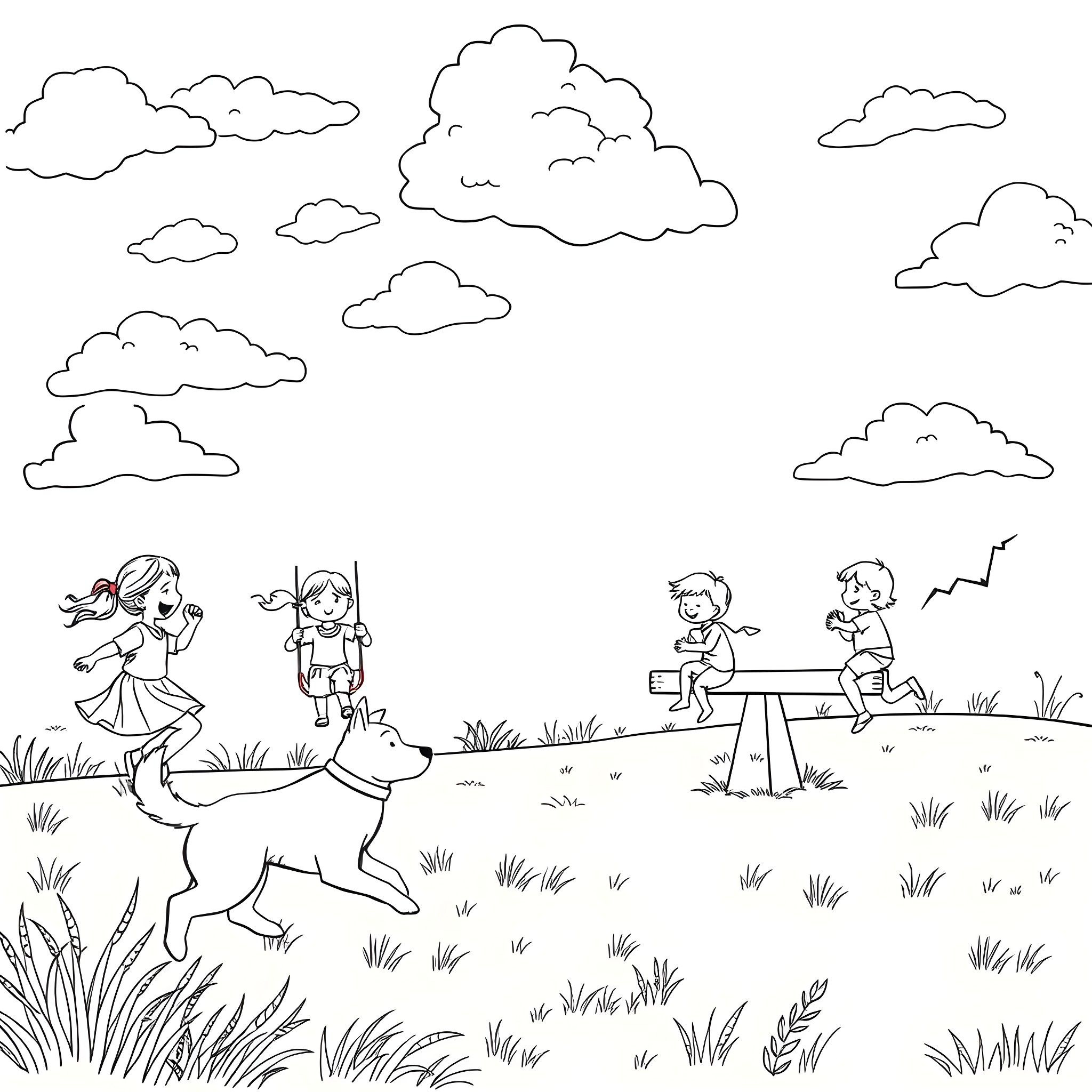 Play time with friends and pets in nature Coloring Page (free black-and-white line drawing printable PDF for all, from beginners to advanced learners, including children, teens, adults, and seniors)