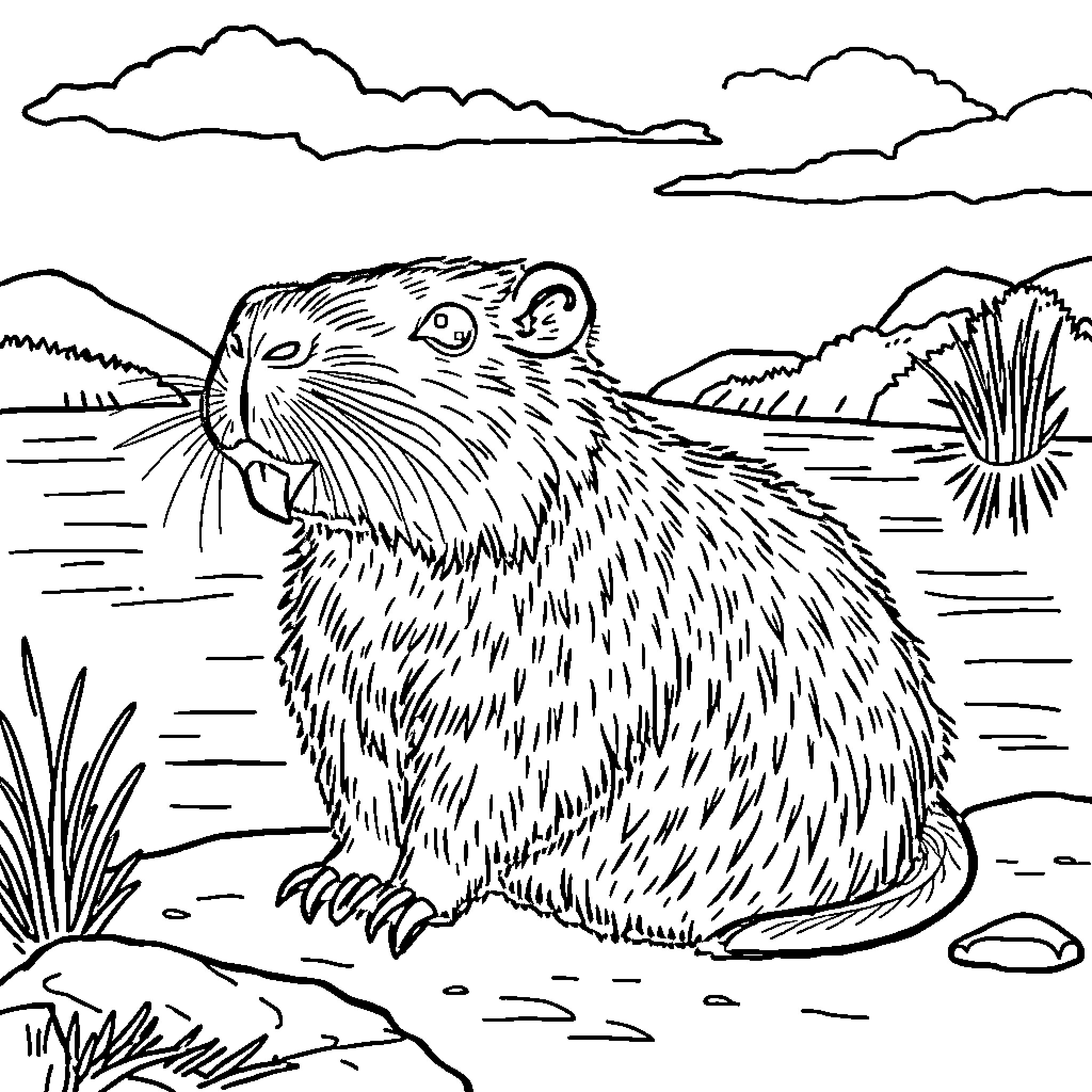 Capybara resting peacefully in the wilderness Coloring Page (free black-and-white line drawing printable PDF for all, from beginners to advanced learners, including children, teens, adults, and seniors)