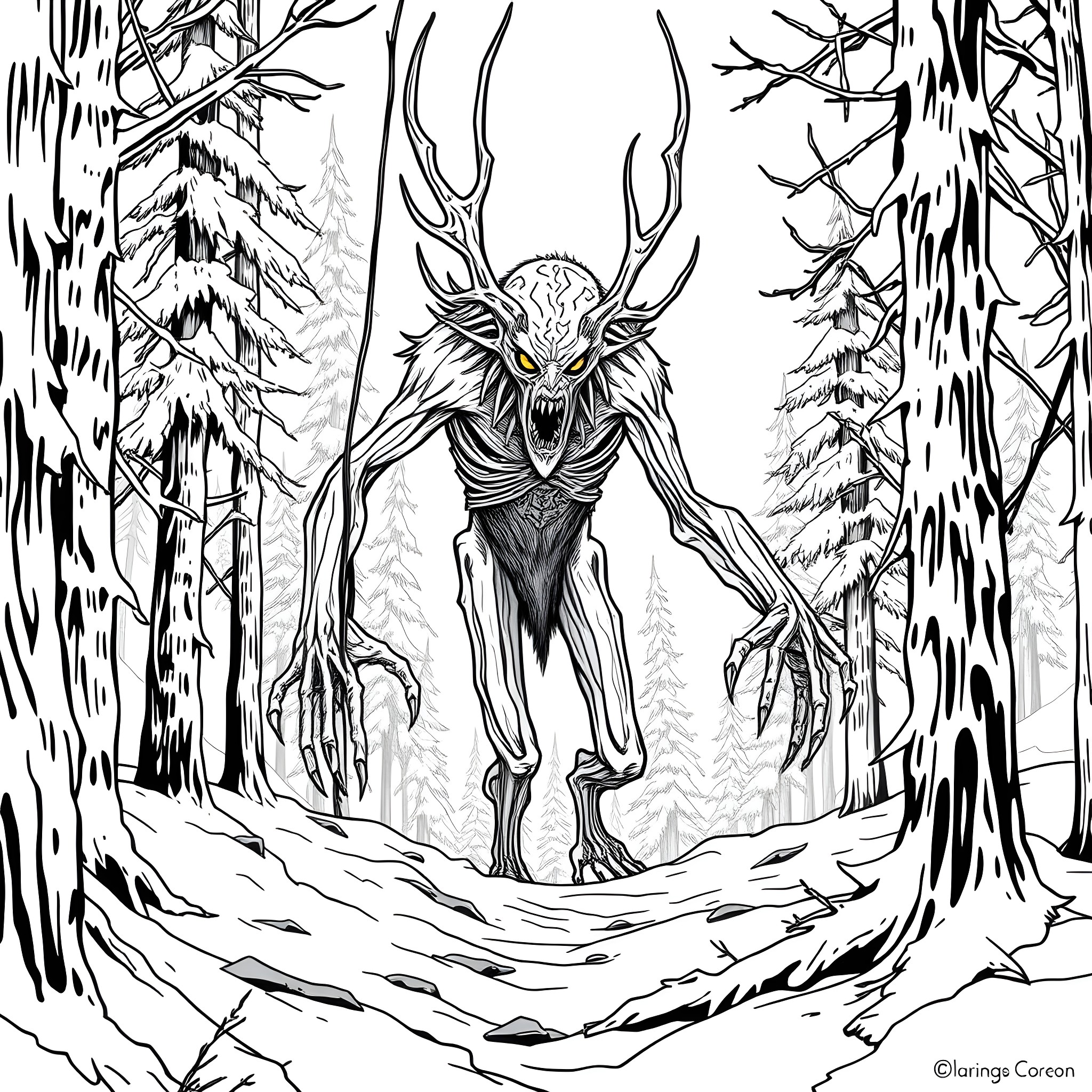 Wendigo stalking through the dark forest Coloring Page (free black-and-white line drawing printable PDF for all, from beginners to advanced learners, including children, teens, adults, and seniors)