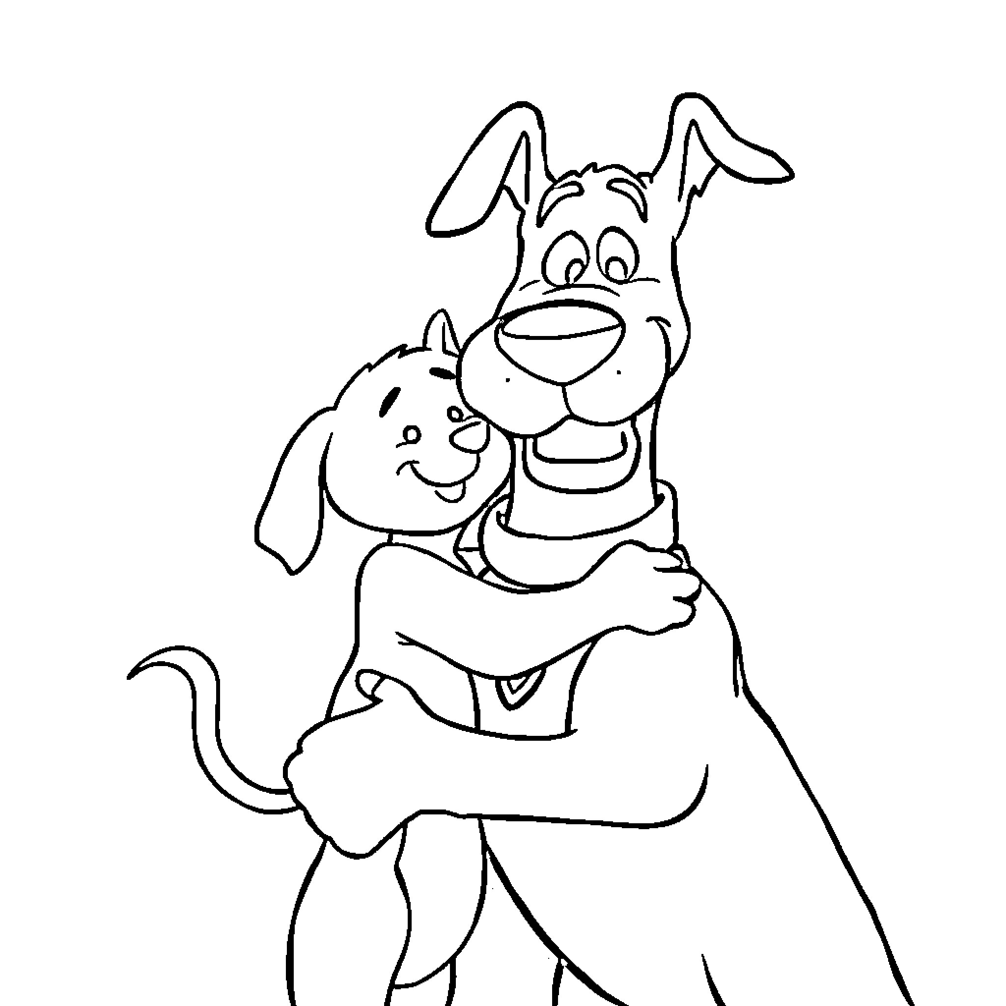Pochita embracing their canine companion Coloring Page (free black-and-white line drawing printable PDF for all, from beginners to advanced learners, including children, teens, adults, and seniors)