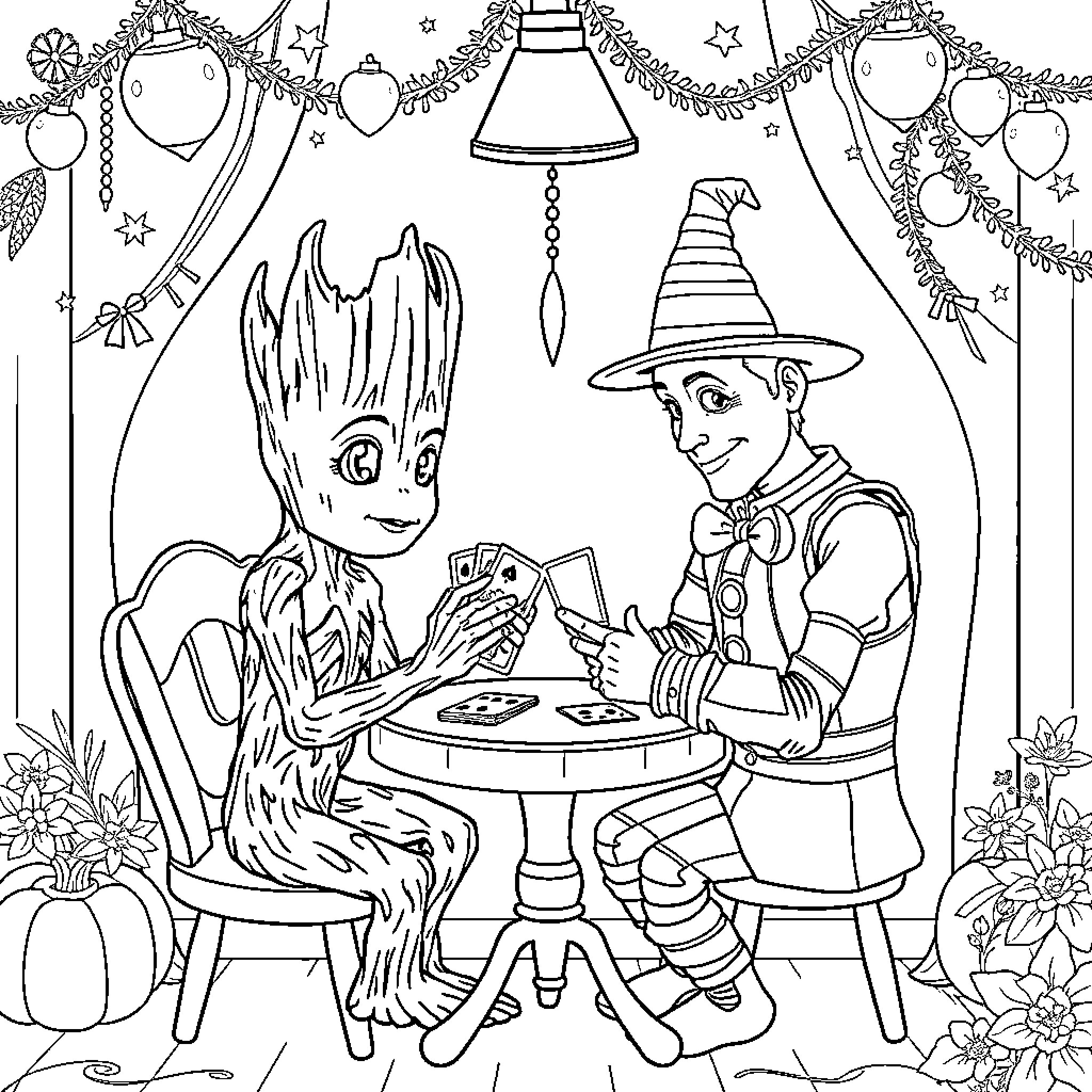 Groot playing cards with a wizard in a magical forest Coloring Page (free black-and-white line drawing printable PDF for all, from beginners to advanced learners, including children, teens, adults, and seniors)