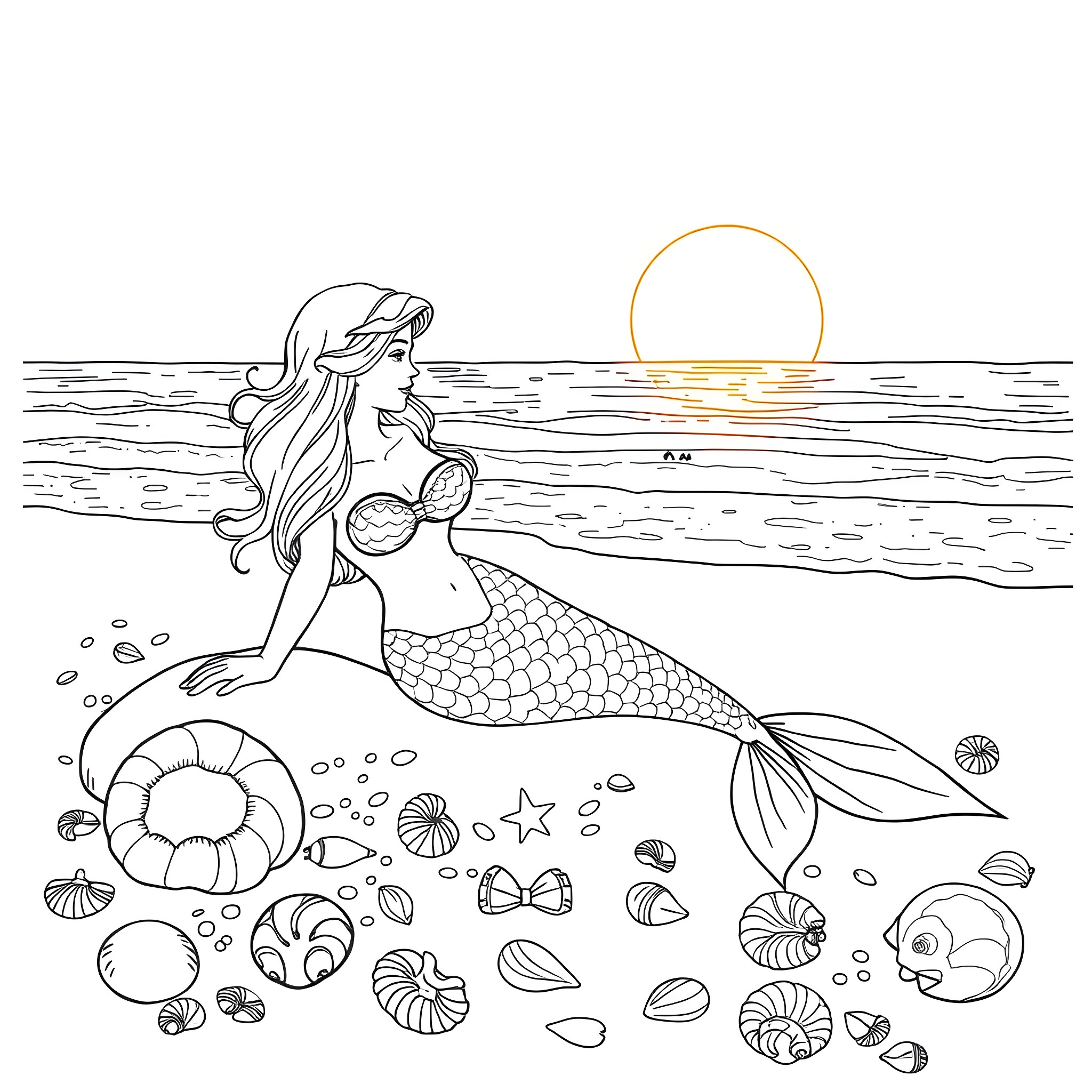 Mermaid sitting on shore amidst seashells and fish Coloring Page (free black-and-white line drawing printable PDF for all, from beginners to advanced learners, including children, teens, adults, and seniors)
