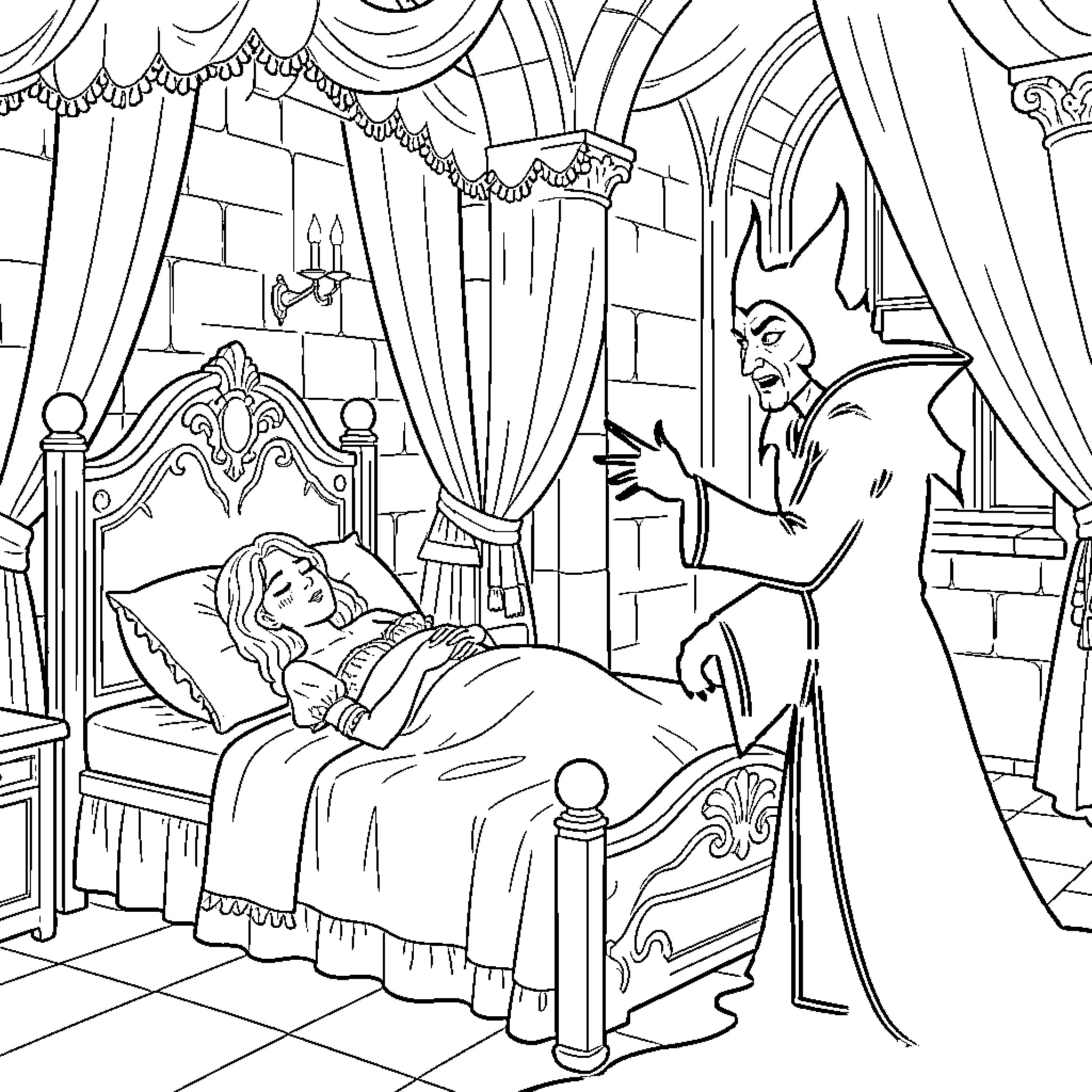 Sleeping Beauty resting in bed while a villain watches Coloring Page (free black-and-white line drawing printable PDF for all, from beginners to advanced learners, including children, teens, adults, and seniors)
