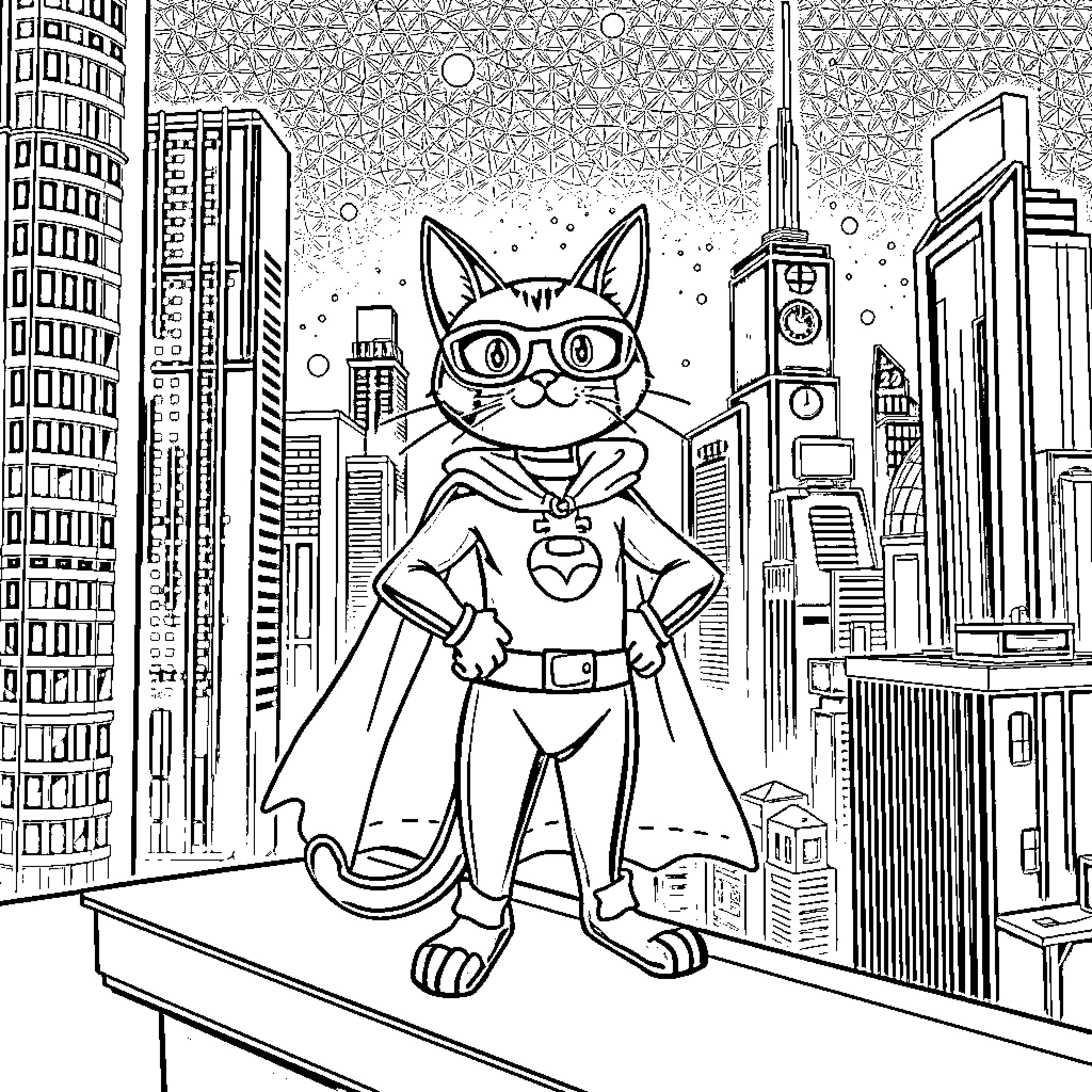 Cat superhero on city rooftop Coloring Page (free black-and-white line drawing printable PDF for all, from beginners to advanced learners, including children, teens, adults, and seniors)
