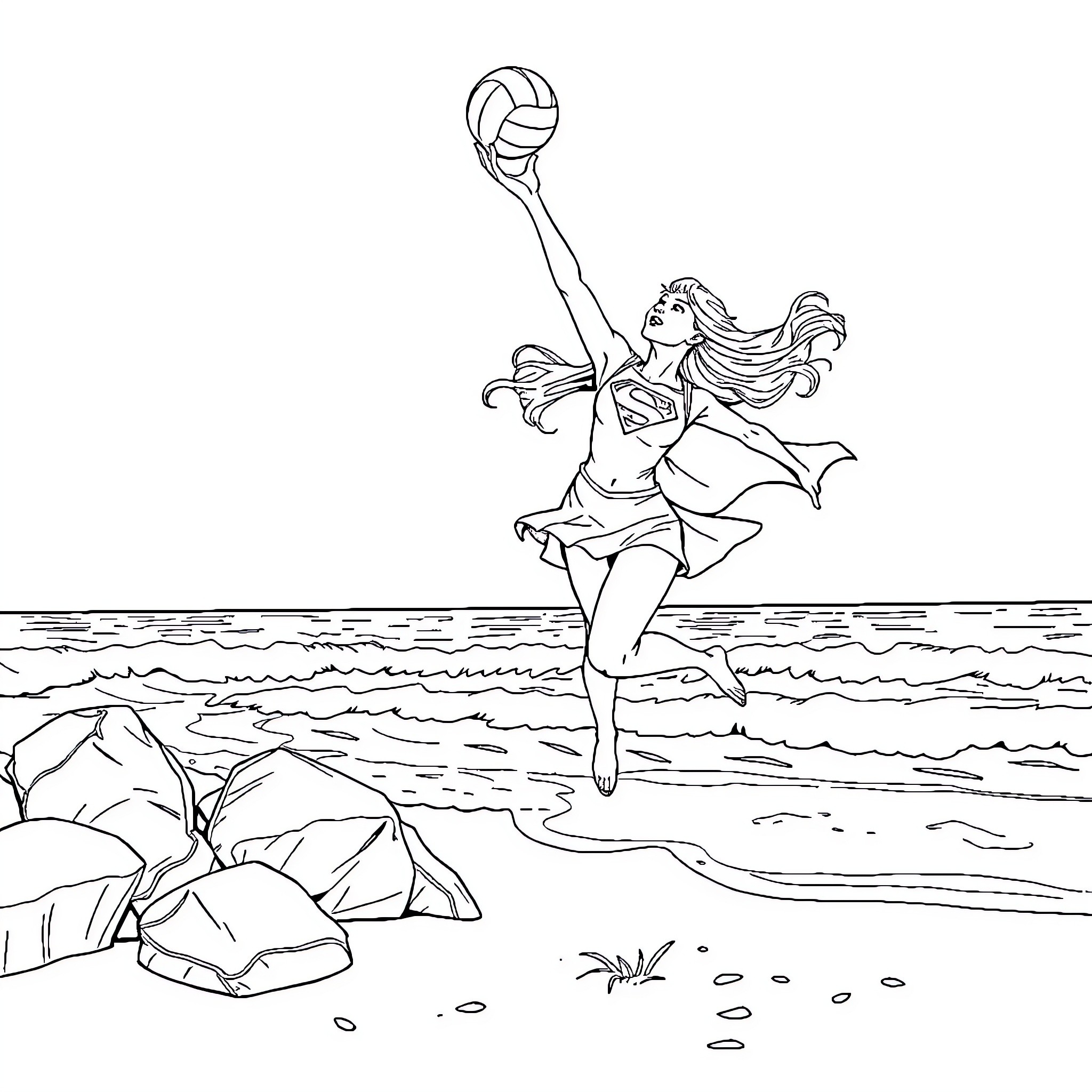 Supergirl leaping to save the day in the ocean Coloring Page (free black-and-white line drawing printable PDF for all, from beginners to advanced learners, including children, teens, adults, and seniors)