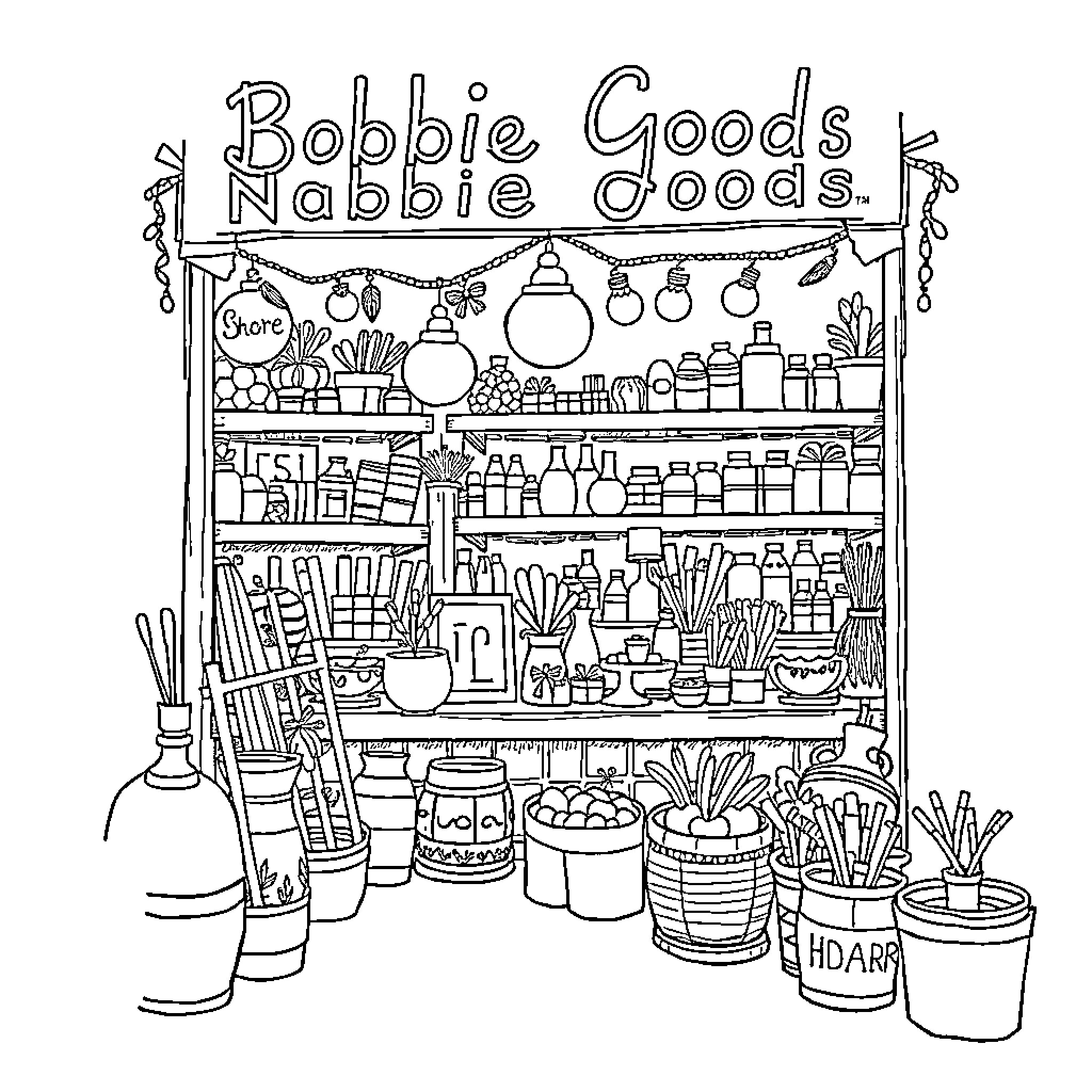 Bobbie Goods: Nabbie Goods Store Full of Supplies Coloring Page (free black-and-white line drawing printable PDF for all, from beginners to advanced learners, including children, teens, adults, and seniors)