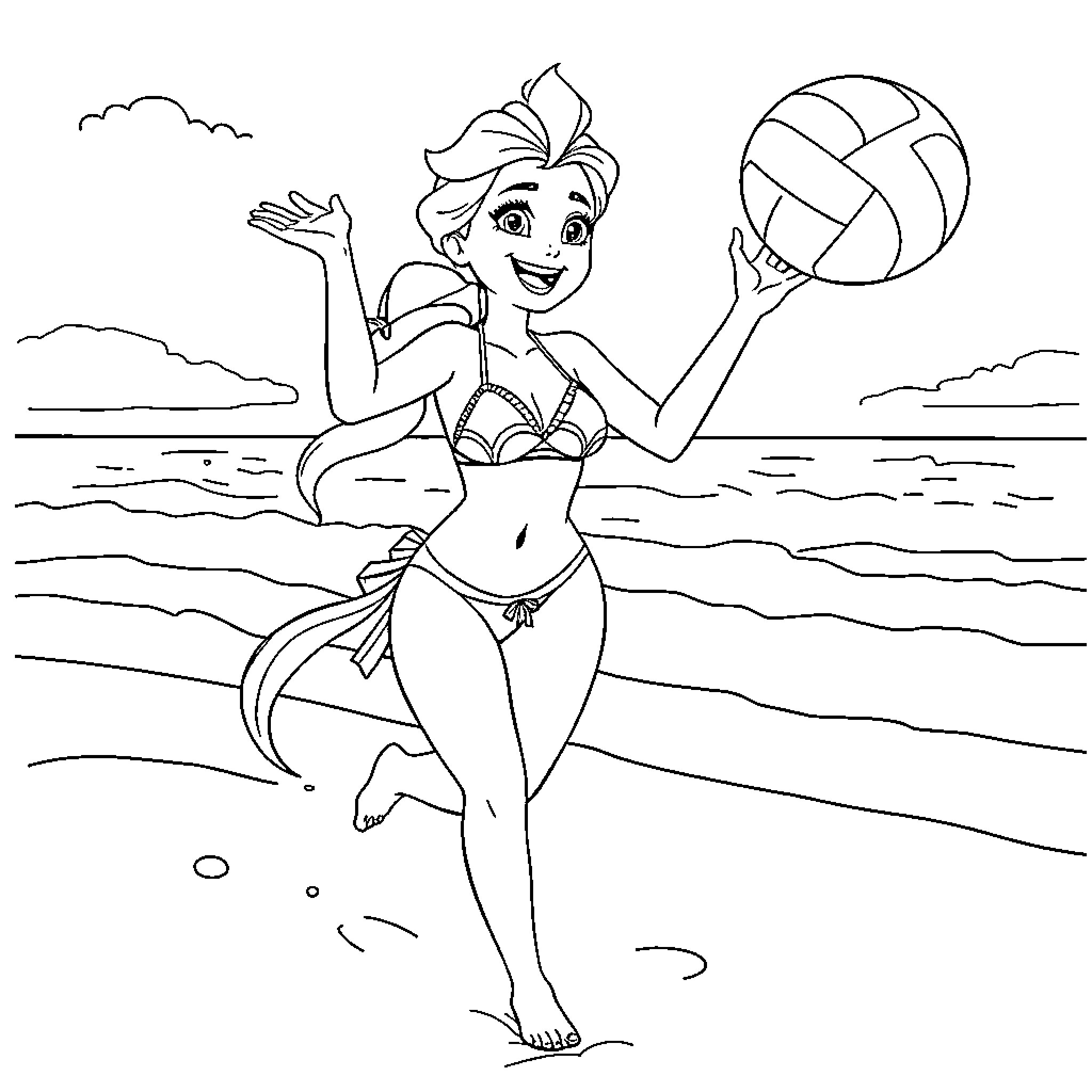 Elsa playing volleyball on the beach Coloring Page (free black-and-white line drawing printable PDF for all, from beginners to advanced learners, including children, teens, adults, and seniors)