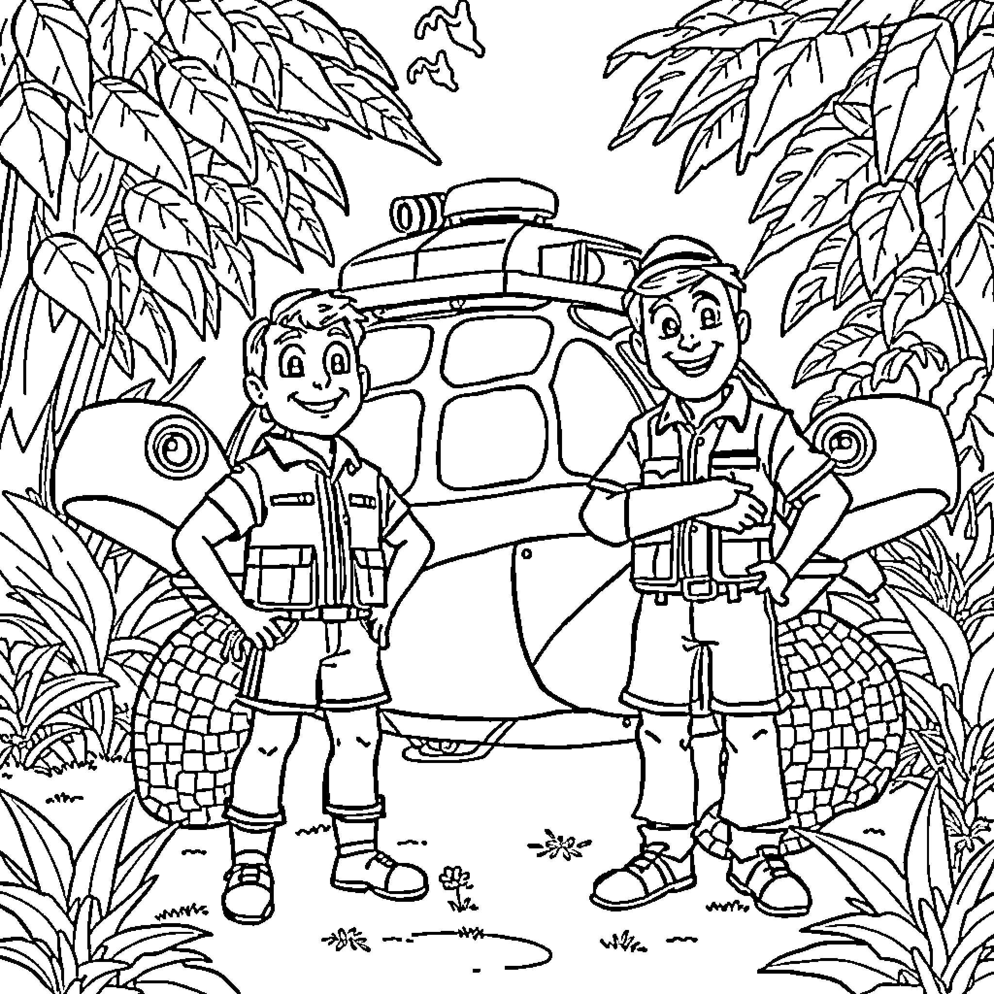 Kratt Brothers Exploring the Wilderness Together Coloring Page (free black-and-white line drawing printable PDF for all, from beginners to advanced learners, including children, teens, adults, and seniors)