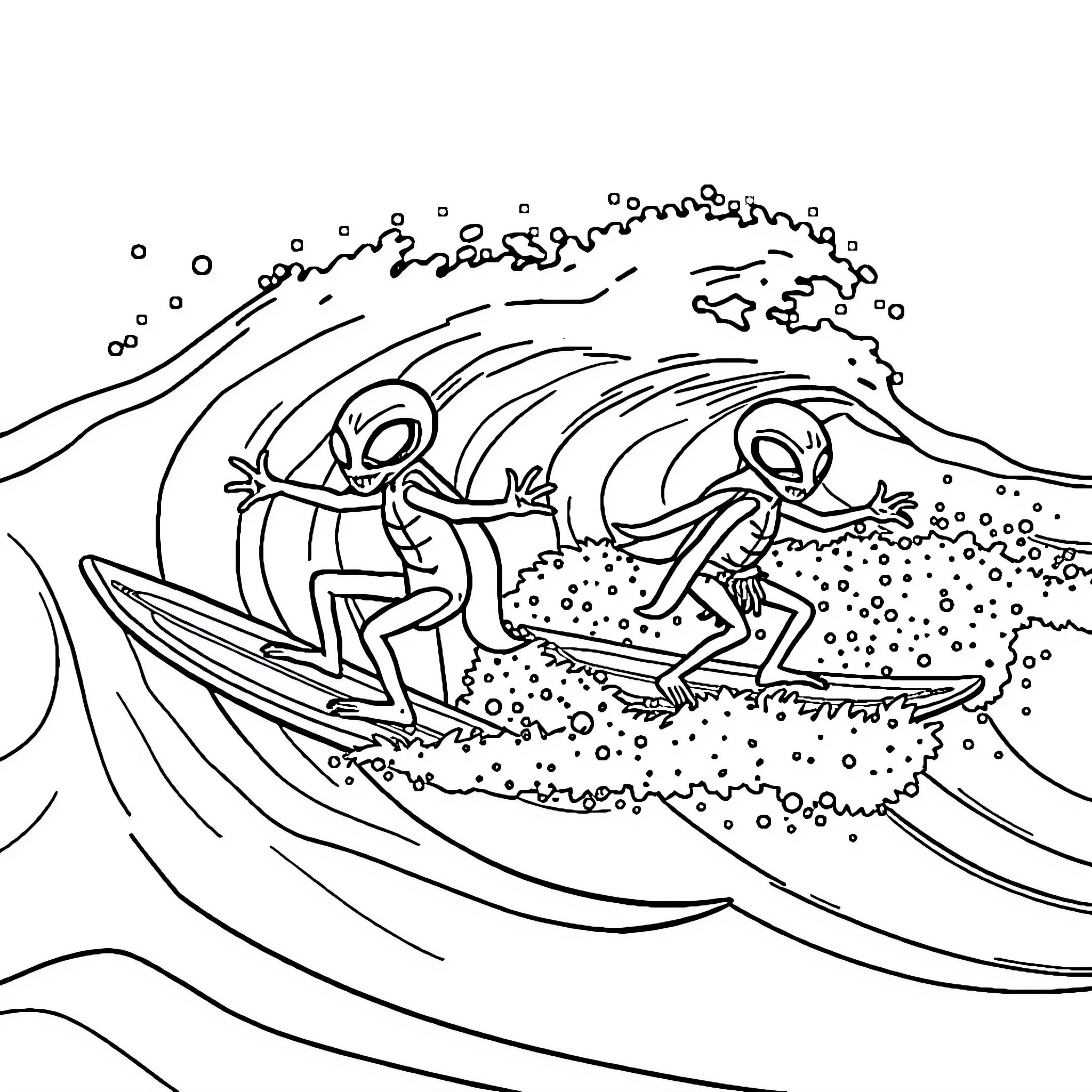 Alien Surfers Riding the Waves Coloring Page (free black-and-white line drawing printable PDF for all, from beginners to advanced learners, including children, teens, adults, and seniors)