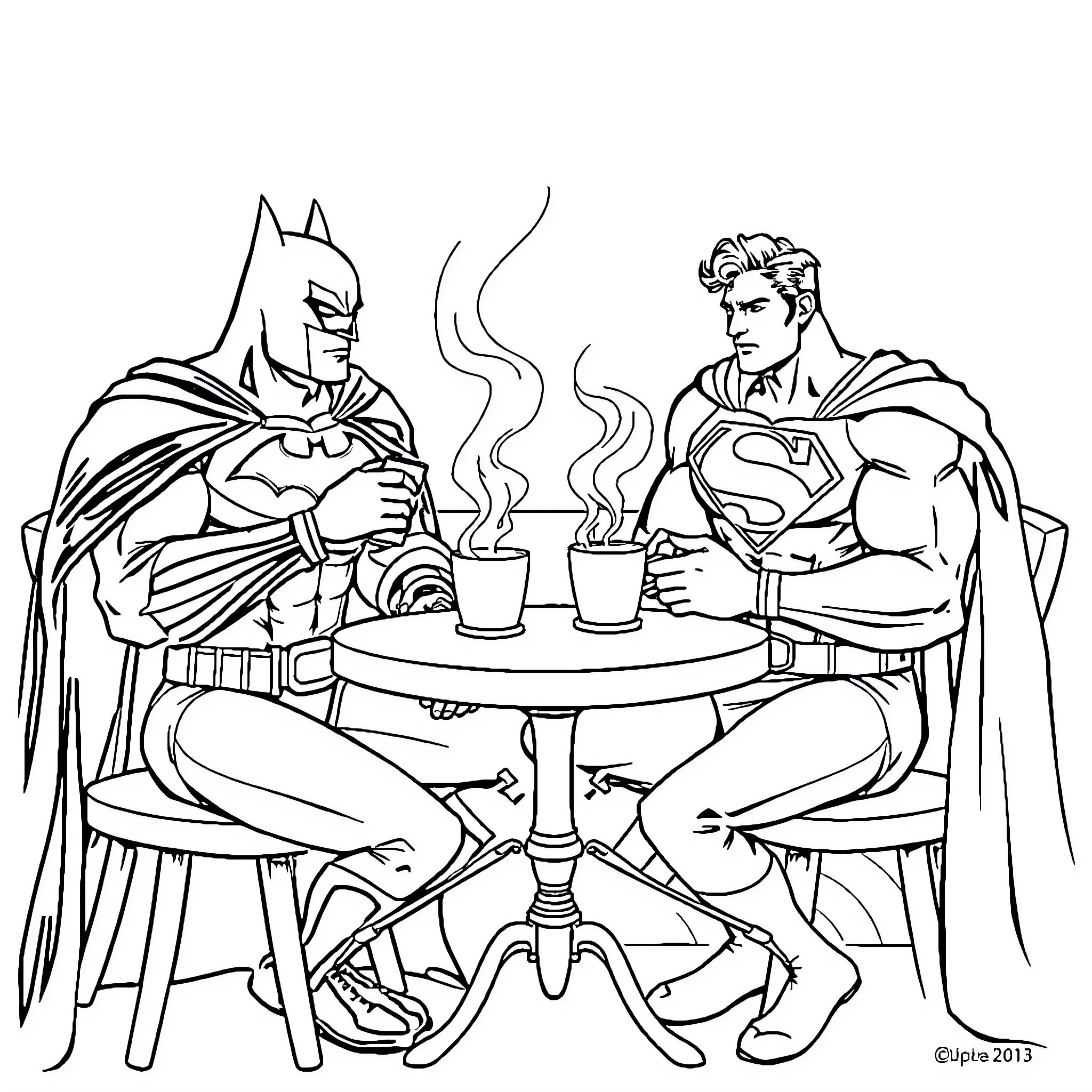 Batman and Superman enjoying a coffee break Coloring Page (free black-and-white line drawing printable PDF for all, from beginners to advanced learners, including children, teens, adults, and seniors)