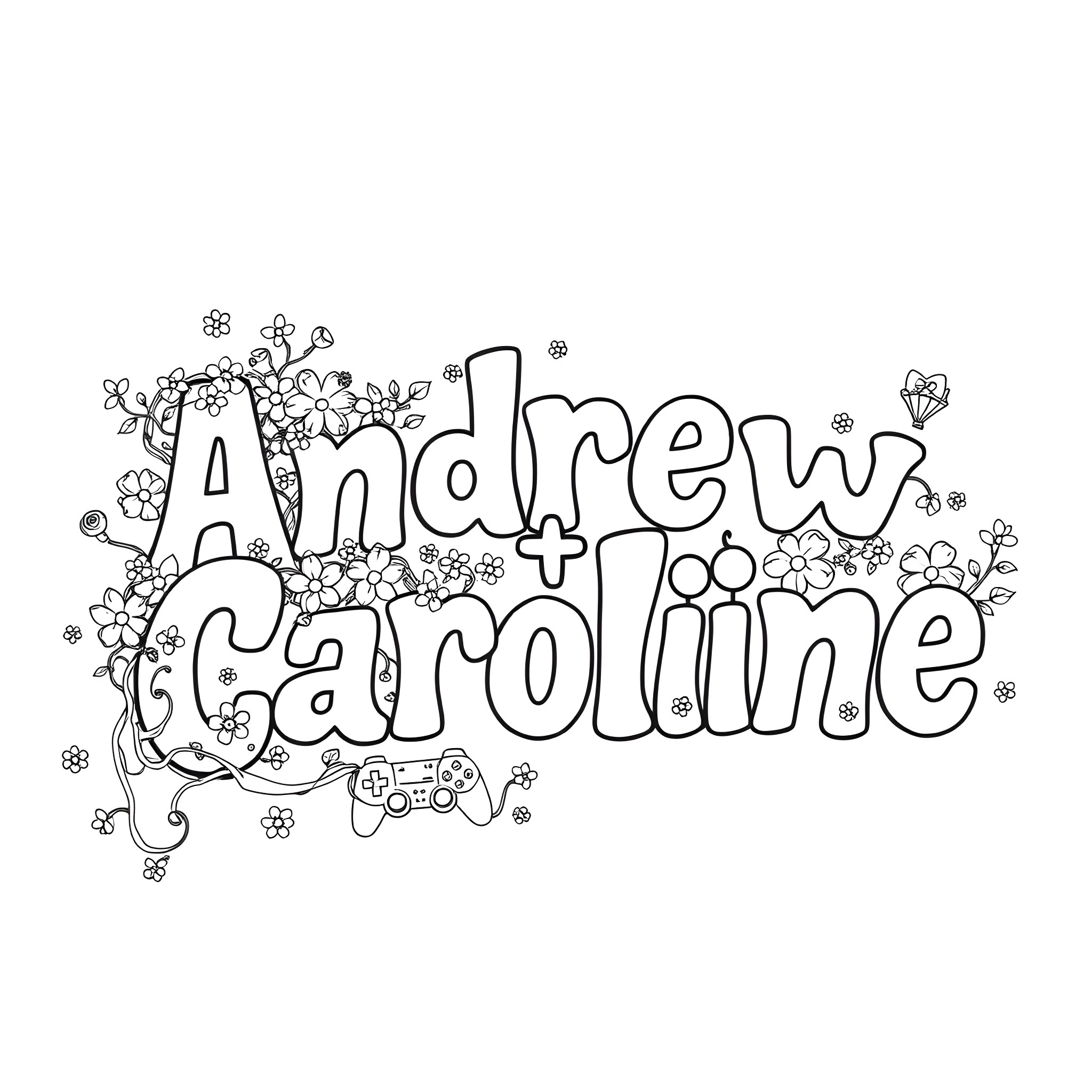 Letter for Andrew Caroline with floral decorations Coloring Page (free black-and-white line drawing printable PDF for all, from beginners to advanced learners, including children, teens, adults, and seniors)