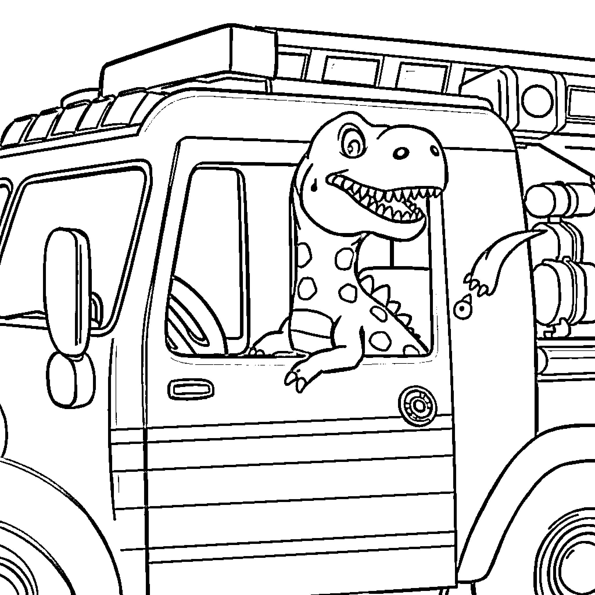 Dinosaur riding in a truck Coloring Page (free black-and-white line drawing printable PDF for all, from beginners to advanced learners, including children, teens, adults, and seniors)
