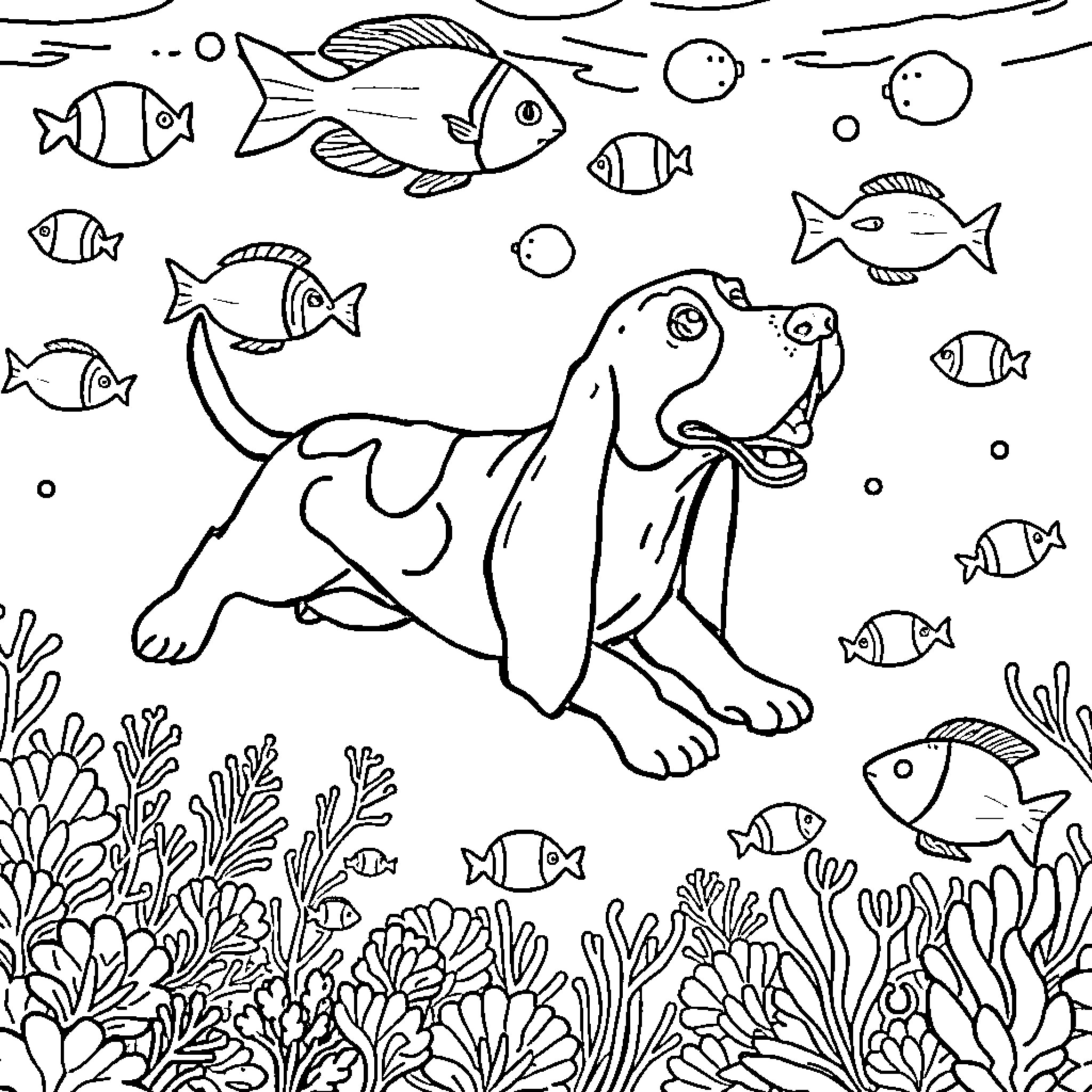 Basset Hound exploring an underwater seascape Coloring Page (free black-and-white line drawing printable PDF for all, from beginners to advanced learners, including children, teens, adults, and seniors)