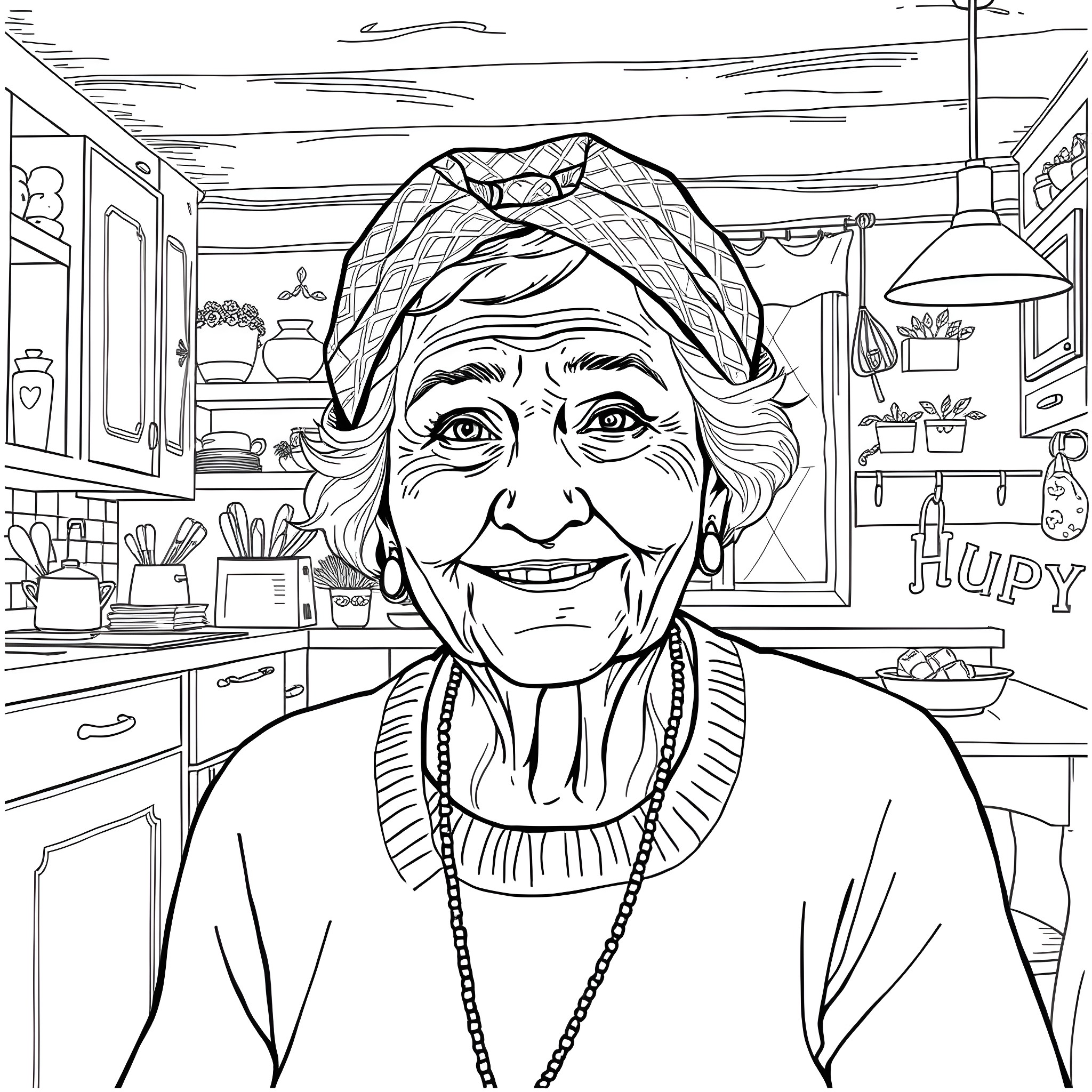 Woman in a cozy kitchen setting with warm expression Coloring Page (free black-and-white line drawing printable PDF for all, from beginners to advanced learners, including children, teens, adults, and seniors)