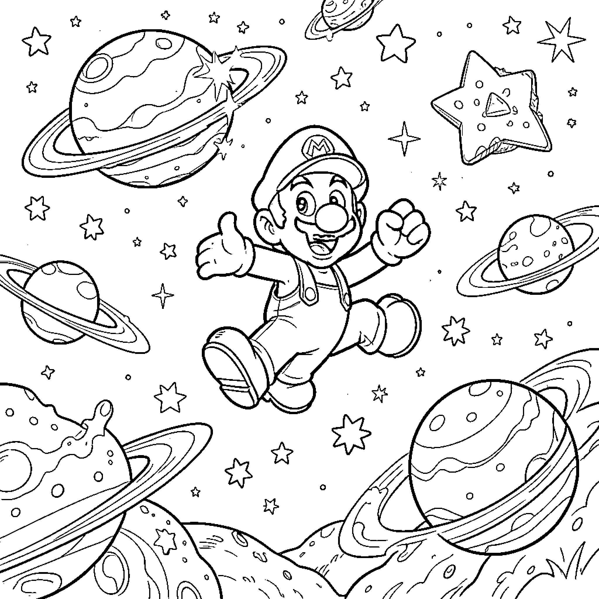 Mario's Cosmic Adventure Coloring Page (free black-and-white line drawing printable PDF for all, from beginners to advanced learners, including children, teens, adults, and seniors)