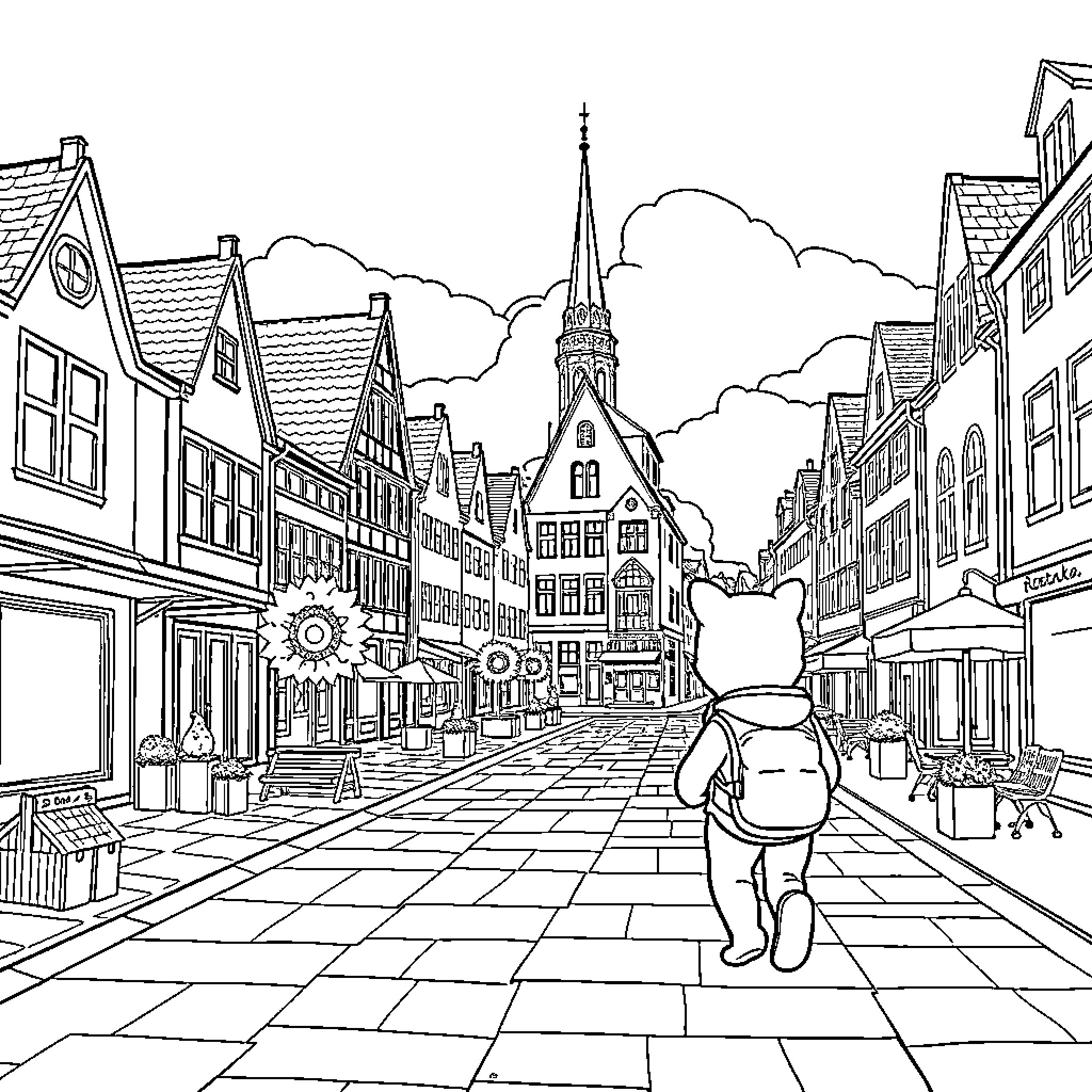 Bingo in a Charming European Town Coloring Page (free black-and-white line drawing printable PDF for all, from beginners to advanced learners, including children, teens, adults, and seniors)