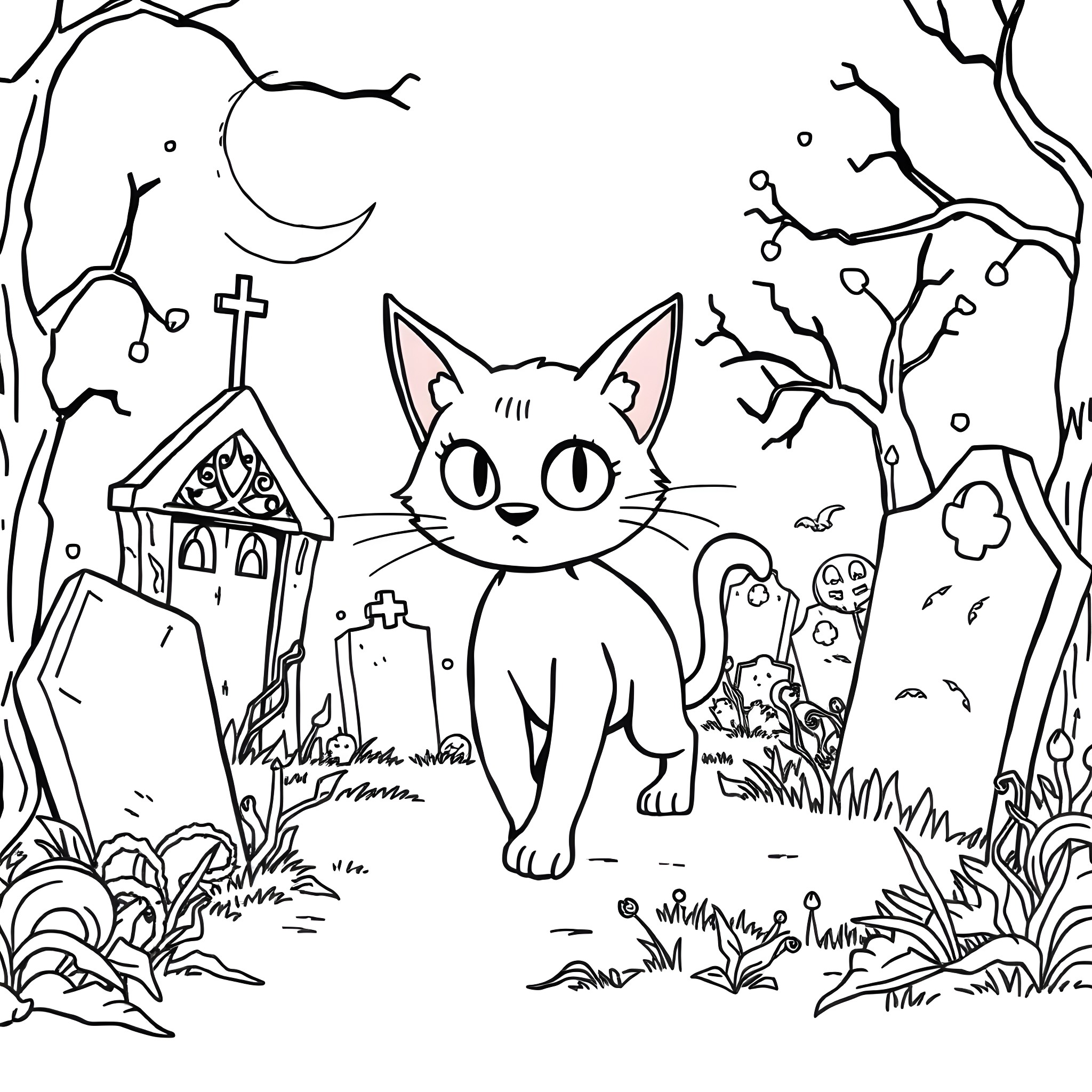 Cat in a spooky graveyard at night Coloring Page (free black-and-white line drawing printable PDF for all, from beginners to advanced learners, including children, teens, adults, and seniors)