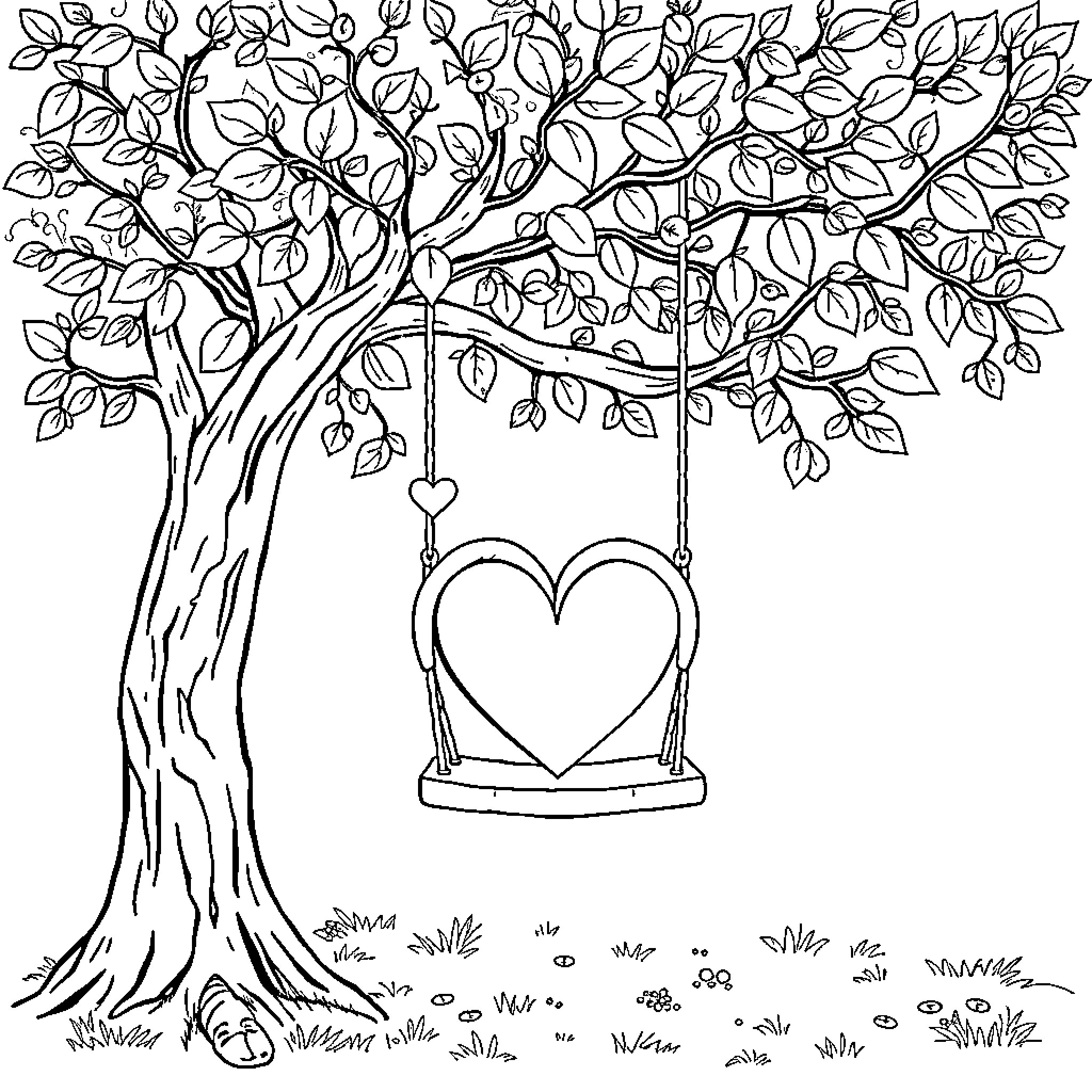 Swing of love in the blossoming tree Coloring Page (free black-and-white line drawing printable PDF for all, from beginners to advanced learners, including children, teens, adults, and seniors)