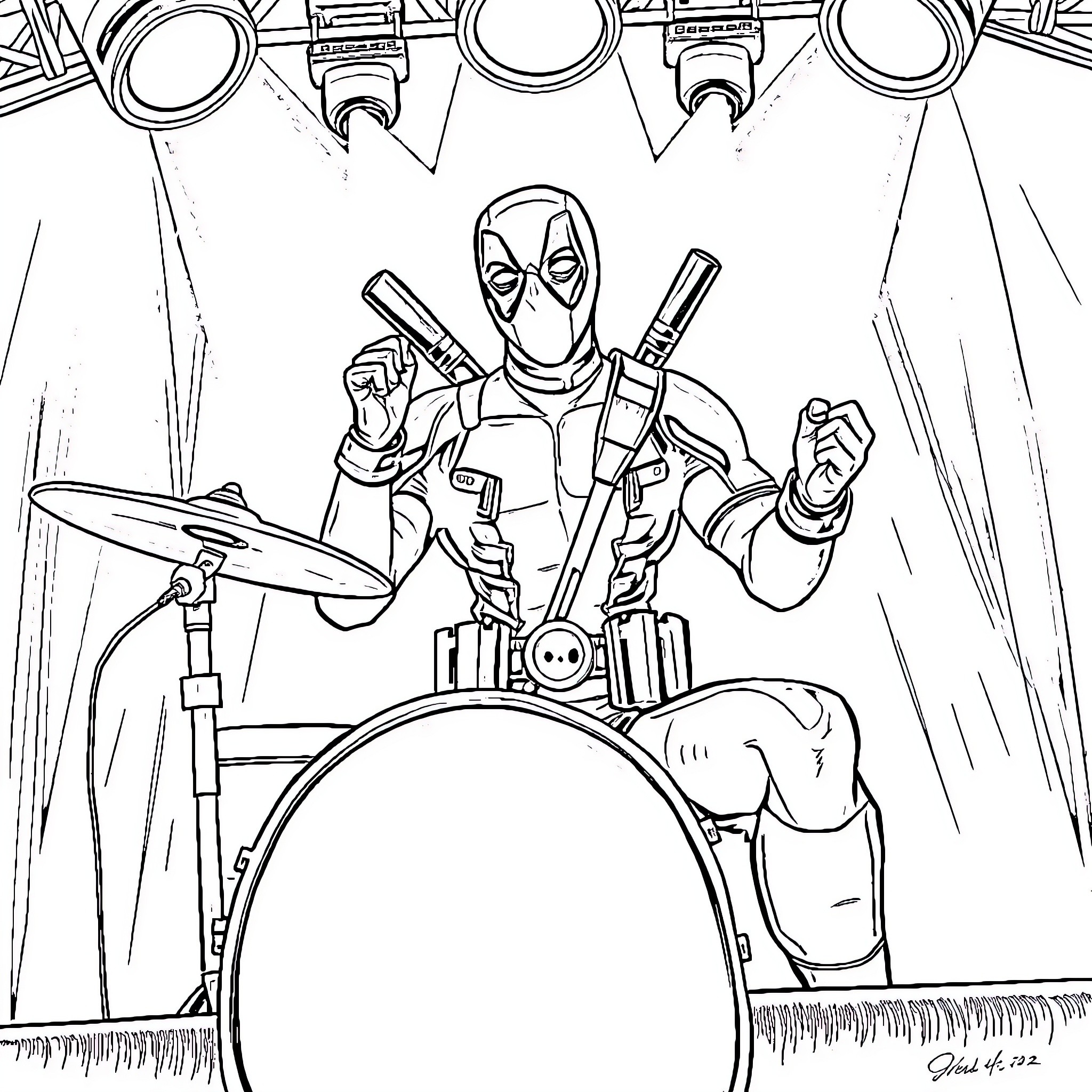 Deadpool Rocking Out on Drums Coloring Page (free black-and-white line drawing printable PDF for all, from beginners to advanced learners, including children, teens, adults, and seniors)
