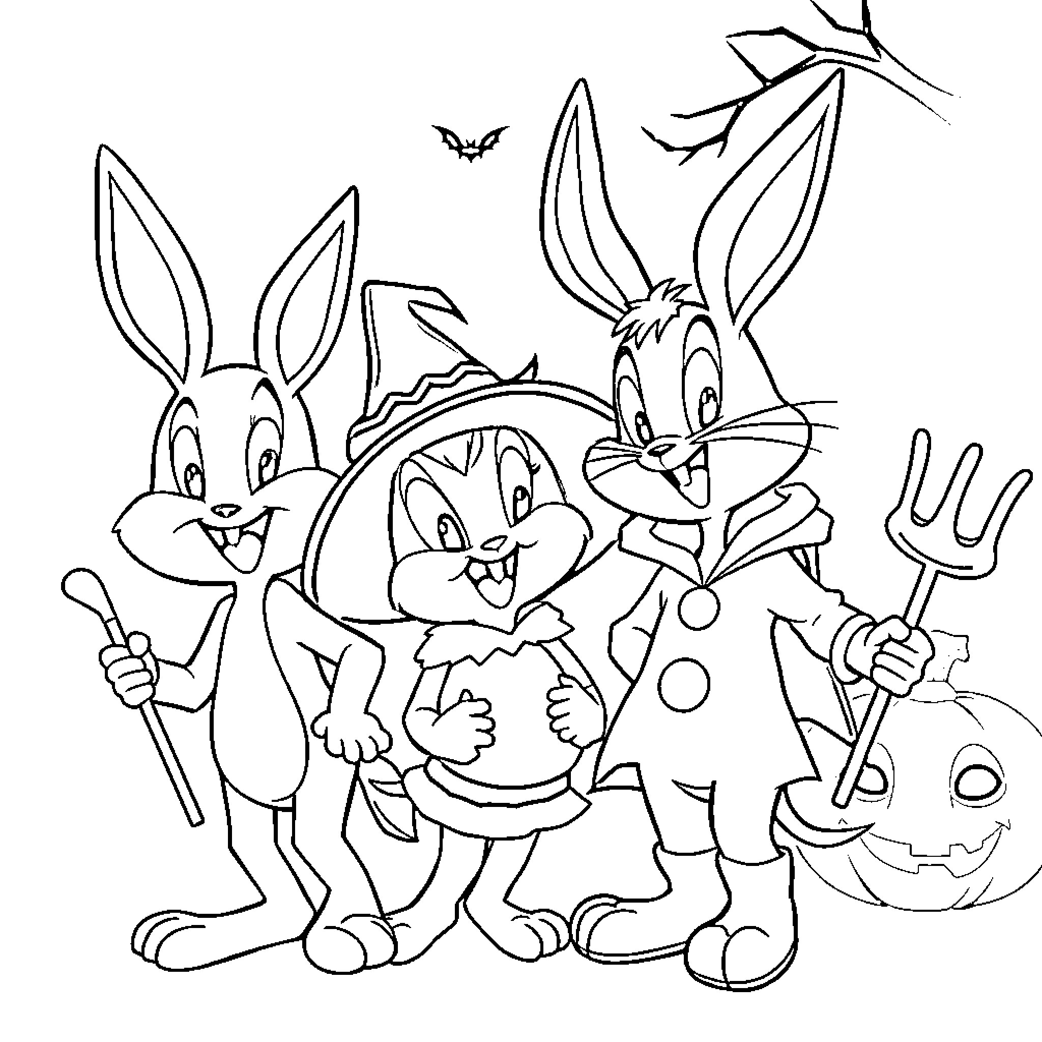 Baby Looney Tunes Characters in Festive Outfits Coloring Page (free black-and-white line drawing printable PDF for all, from beginners to advanced learners, including children, teens, adults, and seniors)
