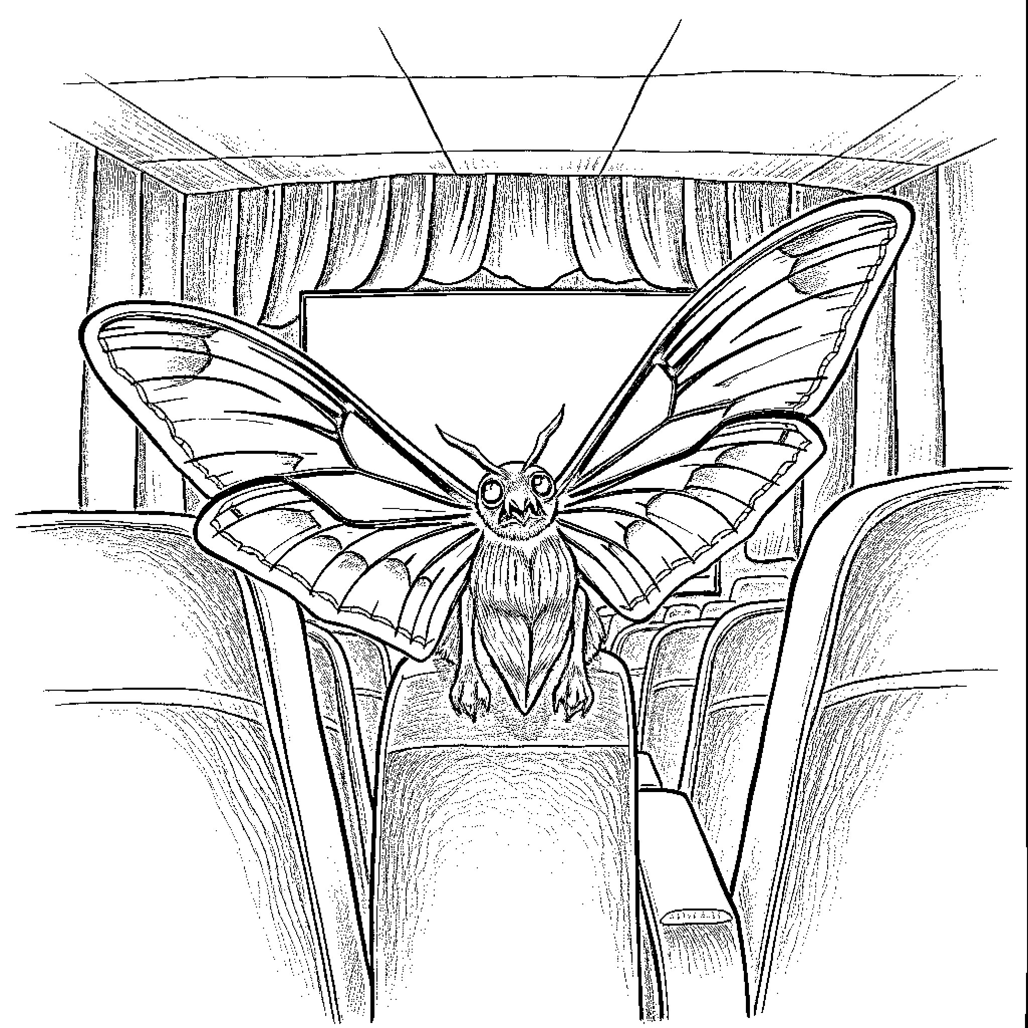 Mothman Emerging from Theatrical Curtains Coloring Page (free black-and-white line drawing printable PDF for all, from beginners to advanced learners, including children, teens, adults, and seniors)
