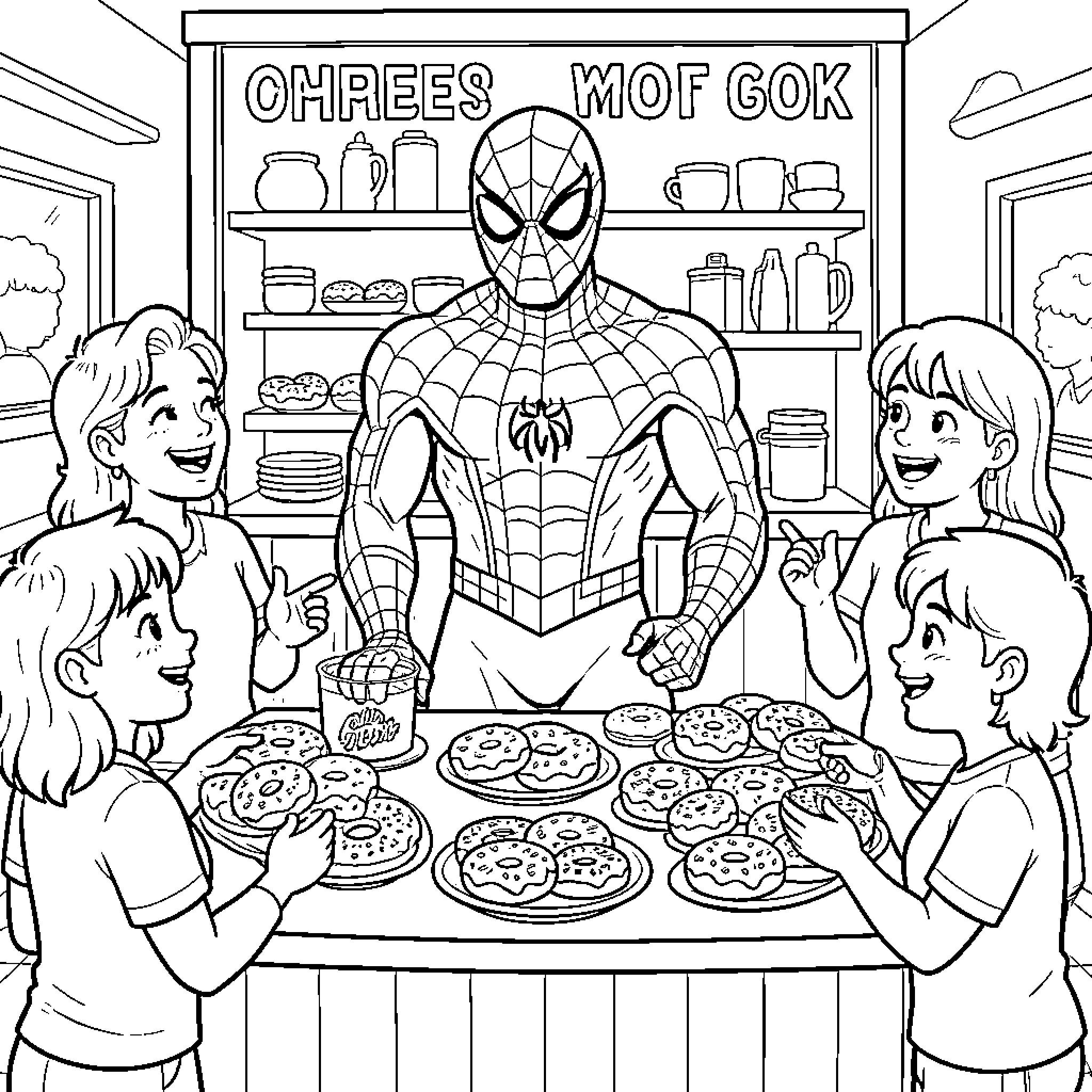 Spiderman serving delicious donuts to excited children Coloring Page (free black-and-white line drawing printable PDF for all, from beginners to advanced learners, including children, teens, adults, and seniors)