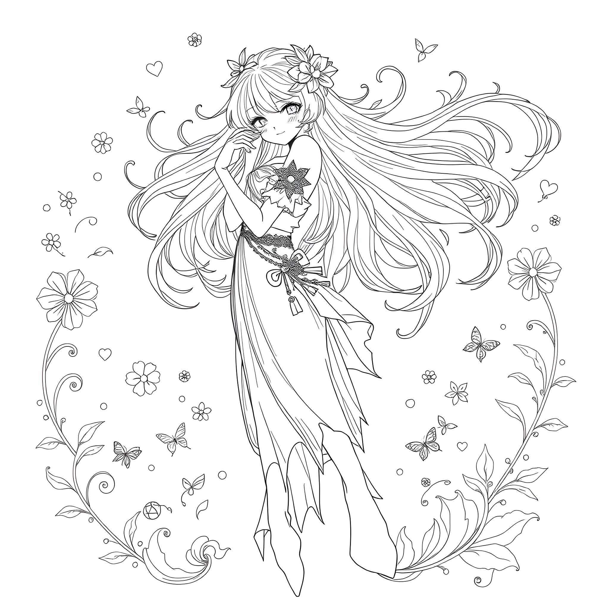 Anime Girl in Elegant Floral Dress with Flowing Hair Coloring Page (free black-and-white line drawing printable PDF for all, from beginners to advanced learners, including children, teens, adults, and seniors)