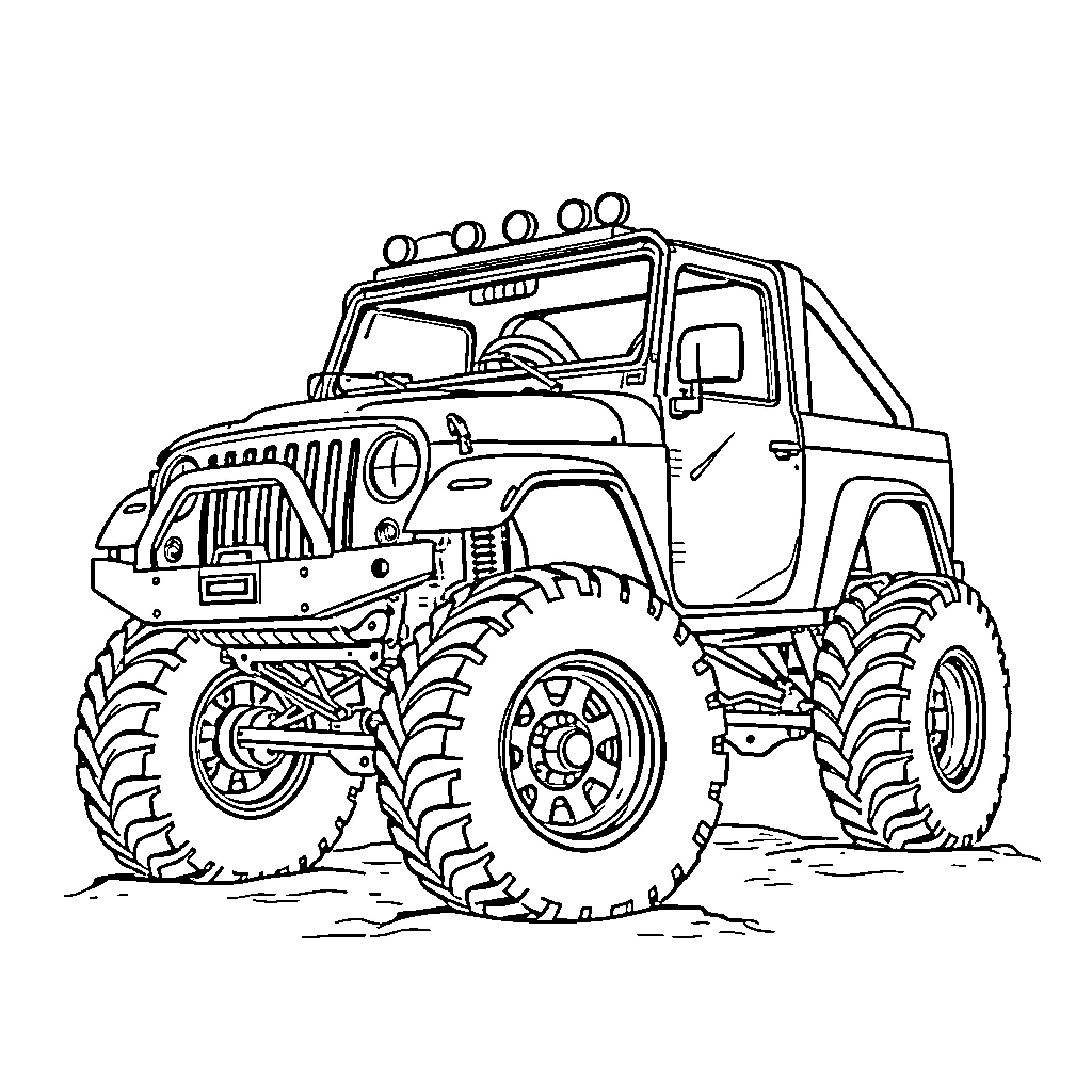 Rim Climbing Off-Road Vehicle Adventure Coloring Page (free black-and-white line drawing printable PDF for all, from beginners to advanced learners, including children, teens, adults, and seniors)