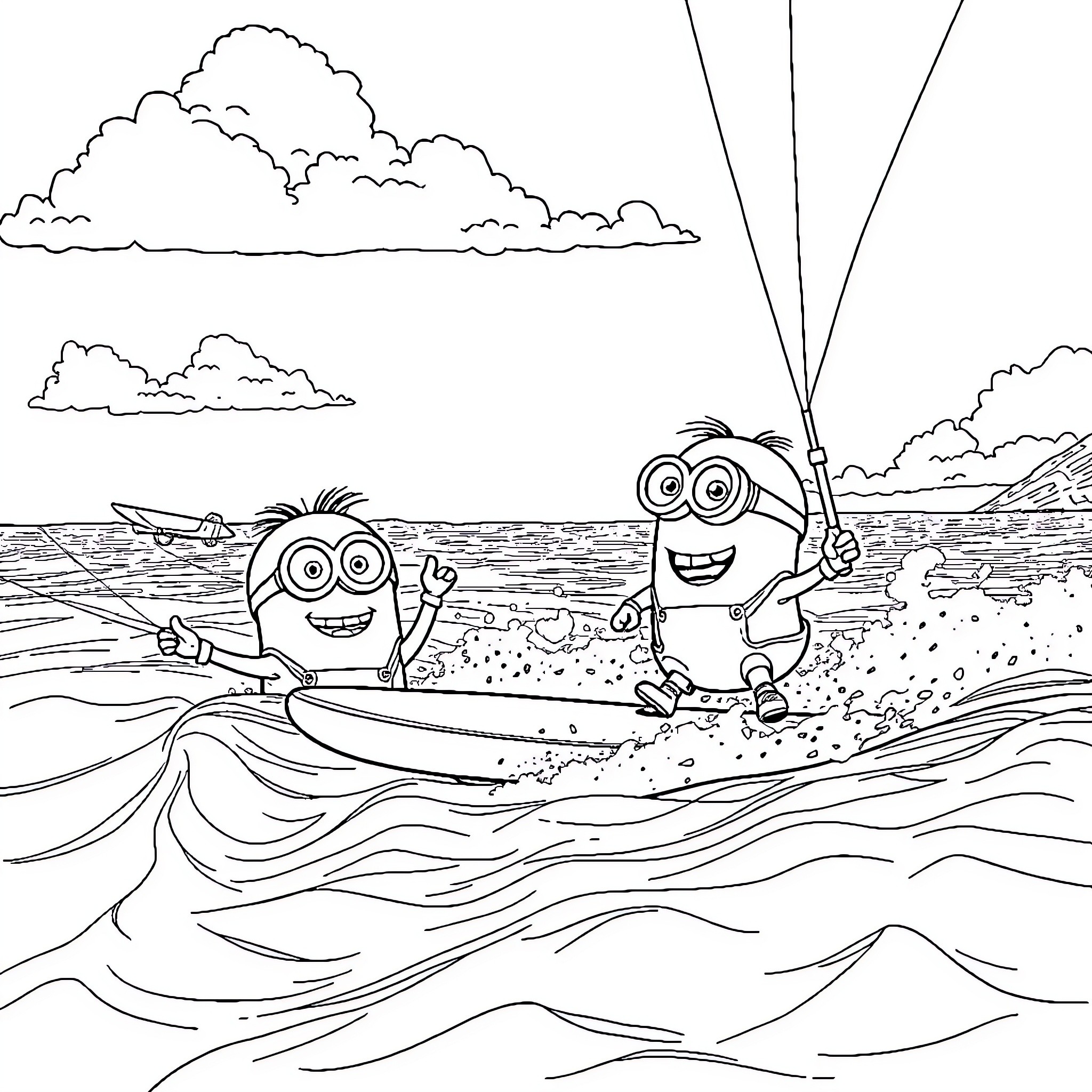 Minions enjoying a day at the beach Coloring Page (free black-and-white line drawing printable PDF for all, from beginners to advanced learners, including children, teens, adults, and seniors)