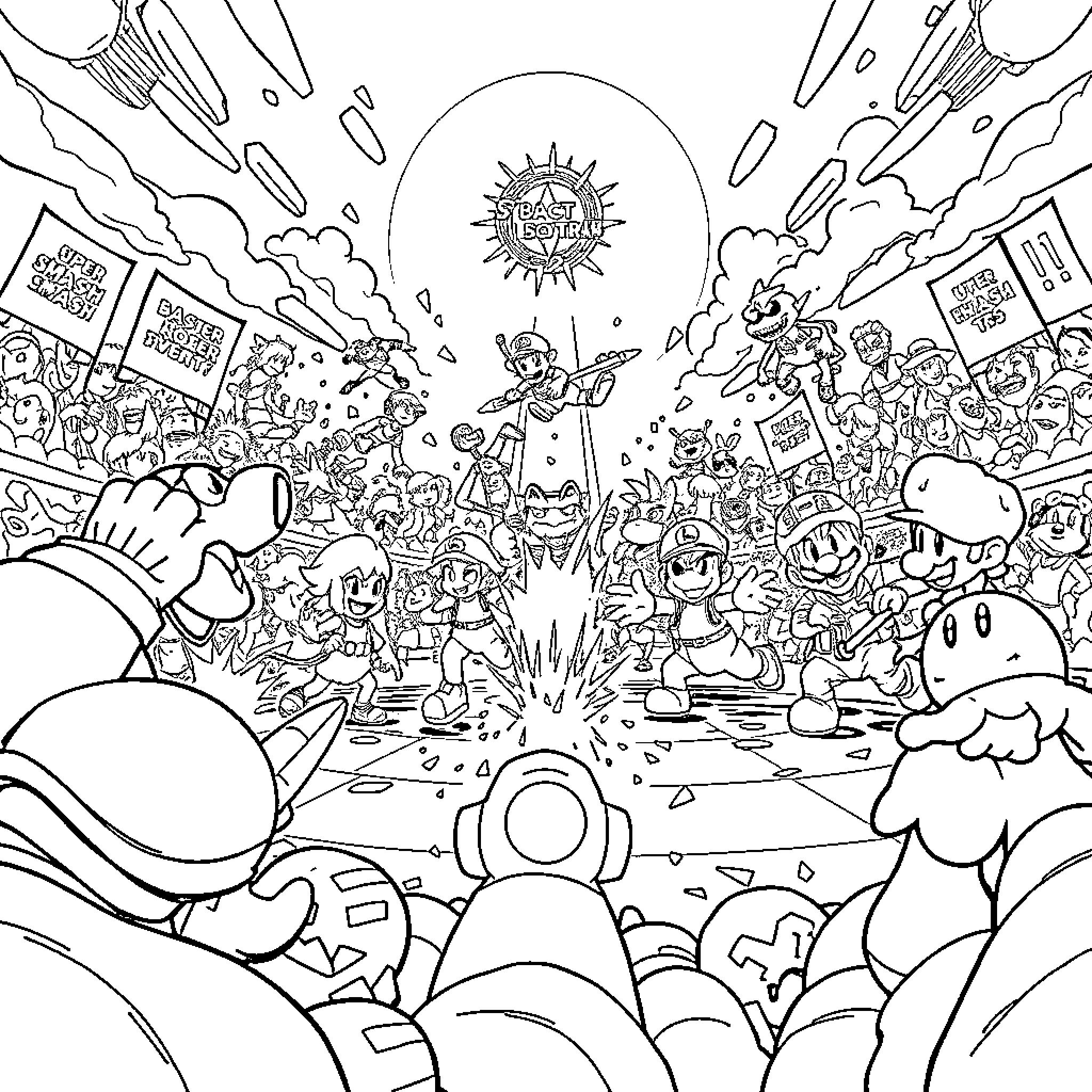 Super Smash Bros: Chaotic Battle Royale Coloring Page (free black-and-white line drawing printable PDF for all, from beginners to advanced learners, including children, teens, adults, and seniors)