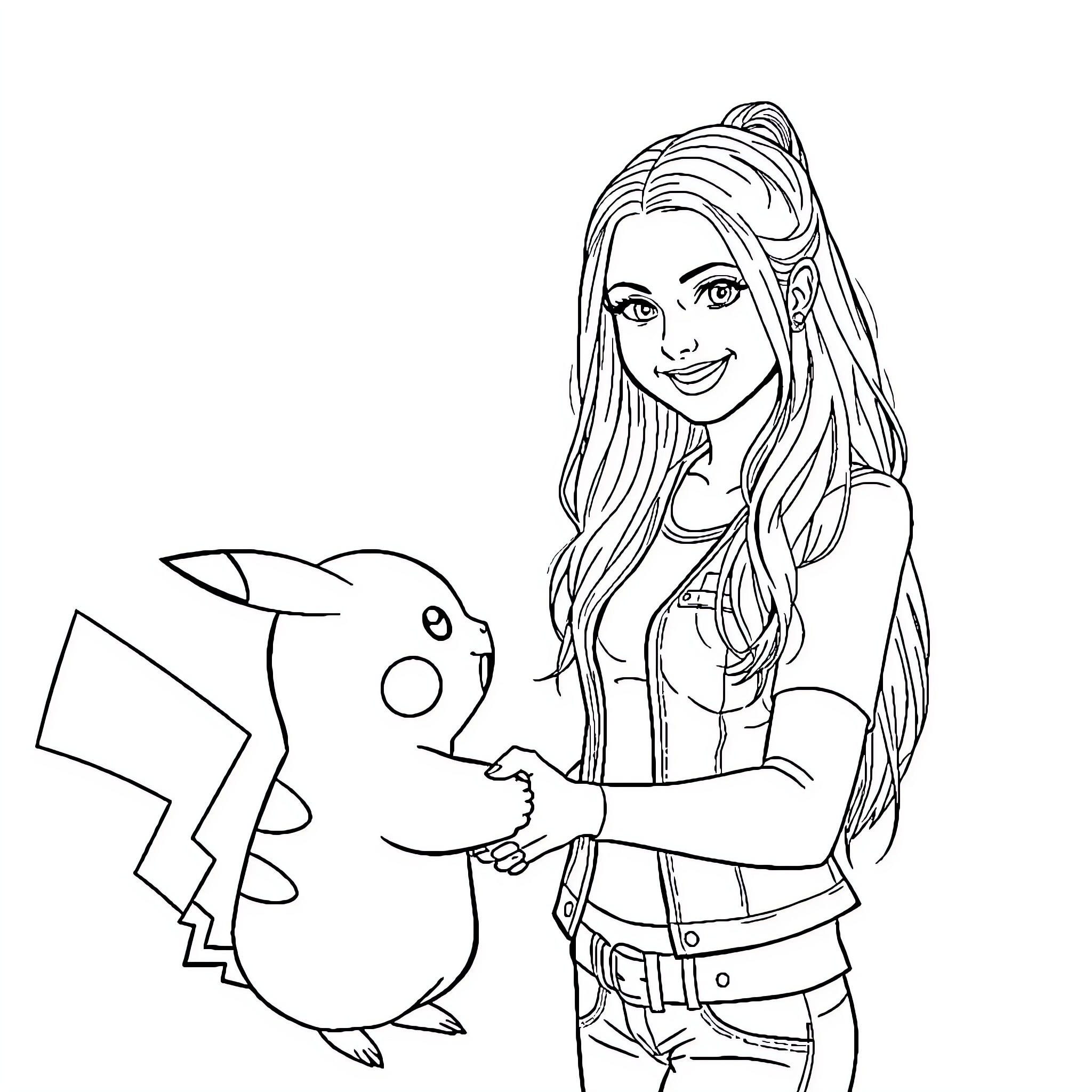 Avril Lavigne Meets Playful Pikachu Coloring Page (free black-and-white line drawing printable PDF for all, from beginners to advanced learners, including children, teens, adults, and seniors)