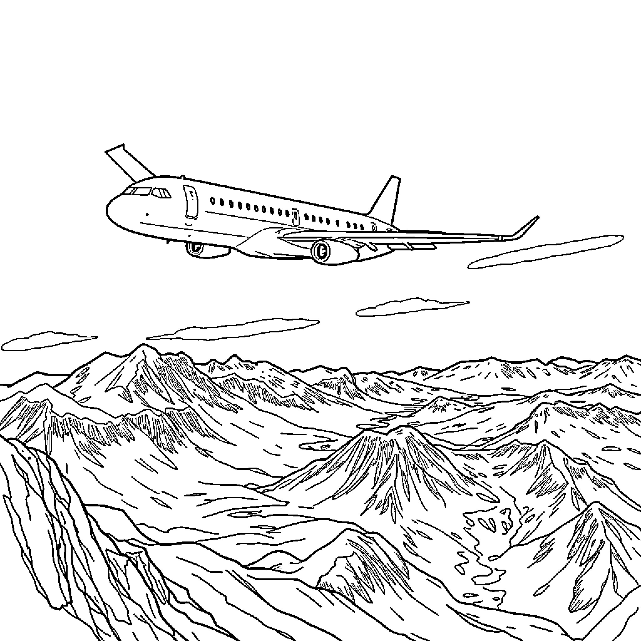 Jet soaring over majestic mountain landscape Coloring Page (free black-and-white line drawing printable PDF for all, from beginners to advanced learners, including children, teens, adults, and seniors)