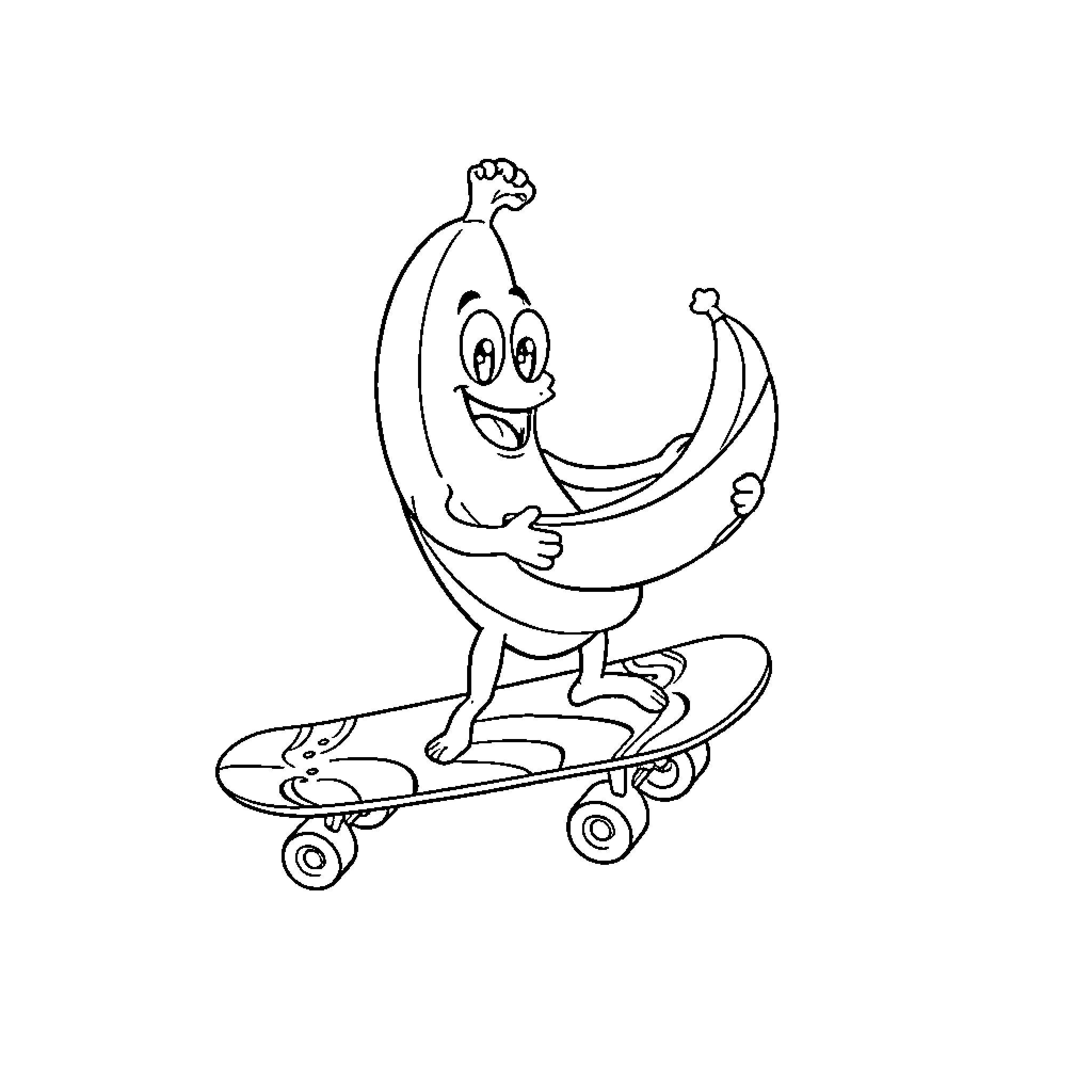 Banana riding a skateboard Coloring Page (free black-and-white line drawing printable PDF for all, from beginners to advanced learners, including children, teens, adults, and seniors)