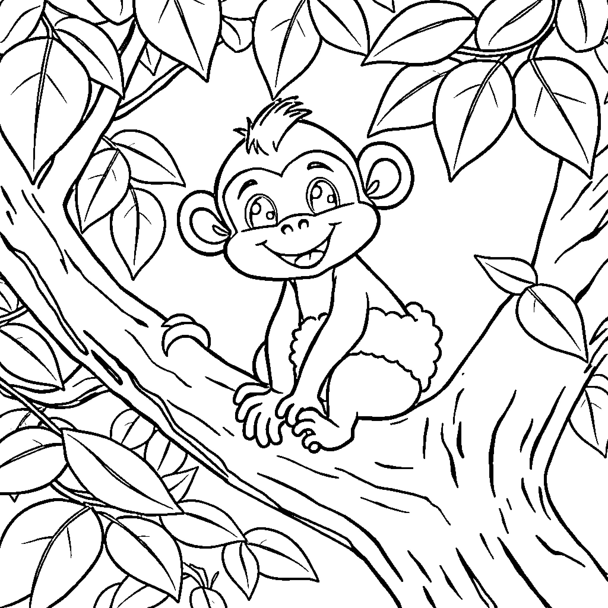 Monkey playing joyfully in the lush jungle Coloring Page (free black-and-white line drawing printable PDF for all, from beginners to advanced learners, including children, teens, adults, and seniors)